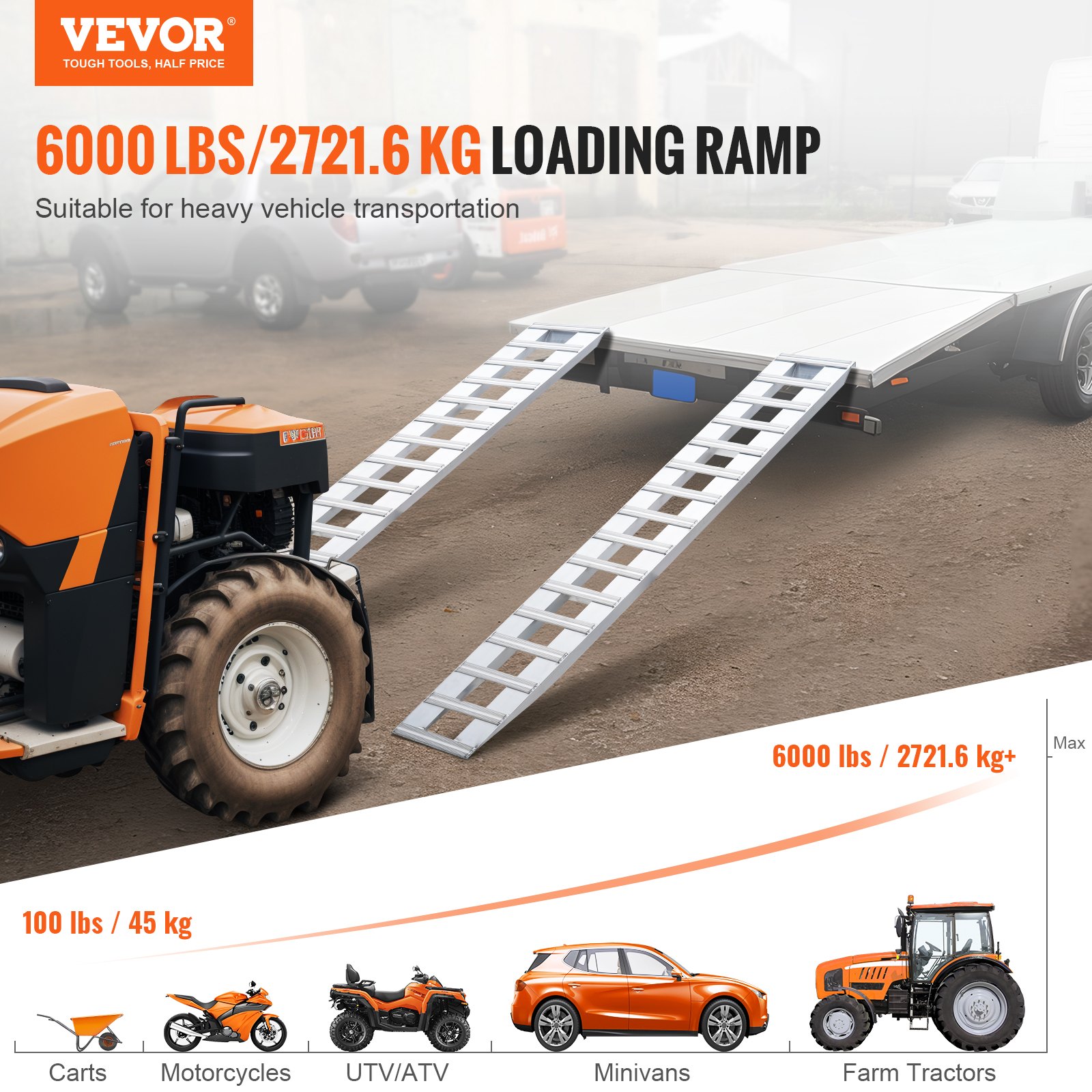 VEVOR laadbrug, auto-oprijplaat 2721,6 kg, brede laadrail, auto-oprijplaat 240 x 38 cm, 2 st. oprijplaten, voor motor, aanhanger, ATV, UTV, tuintractor, grasmaaier, crossmotor etc.