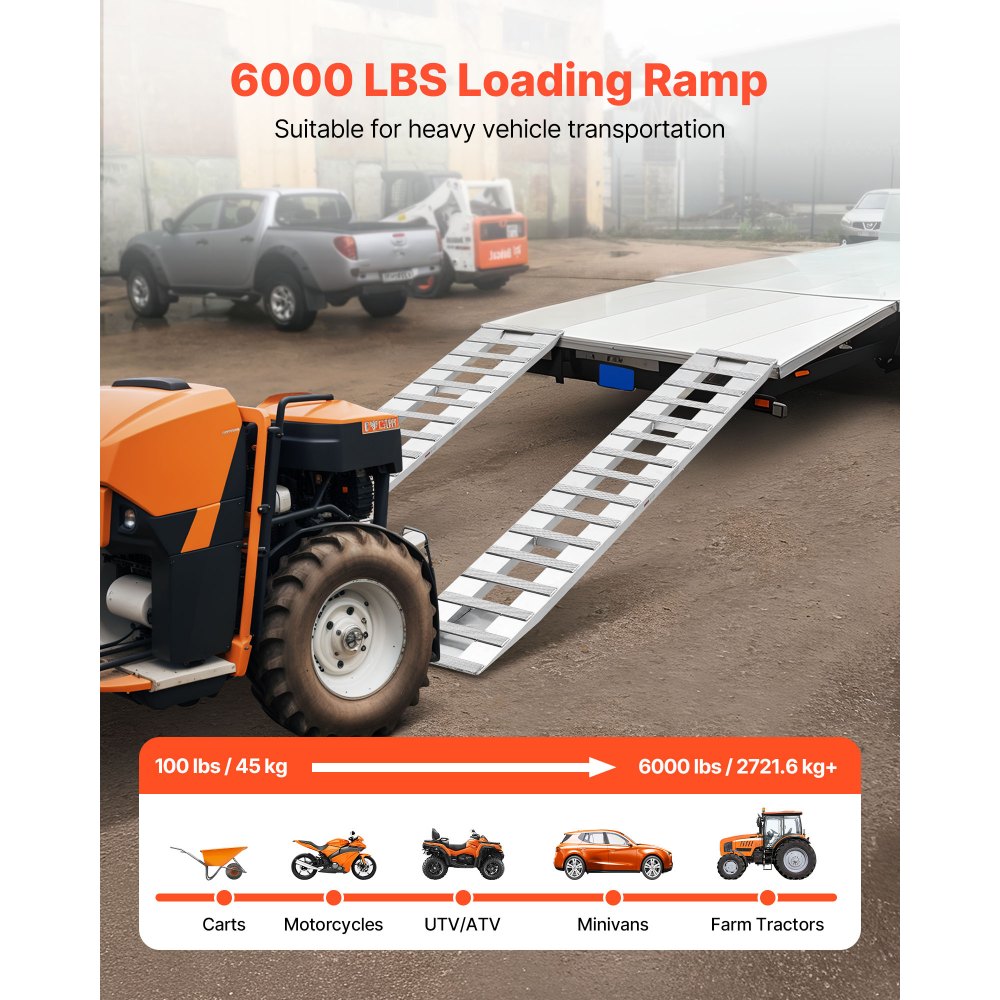 VEVOR Laadbruggen Aanhangwagenhellingen 2-pack 240 x 38 cm Laadbruggen Gemaakt van aluminiumlegering, 2721,6 kg totale capaciteit, voor karren Landbouwtractoren ATV's Grasmaaiers Motorfietsen Zilver