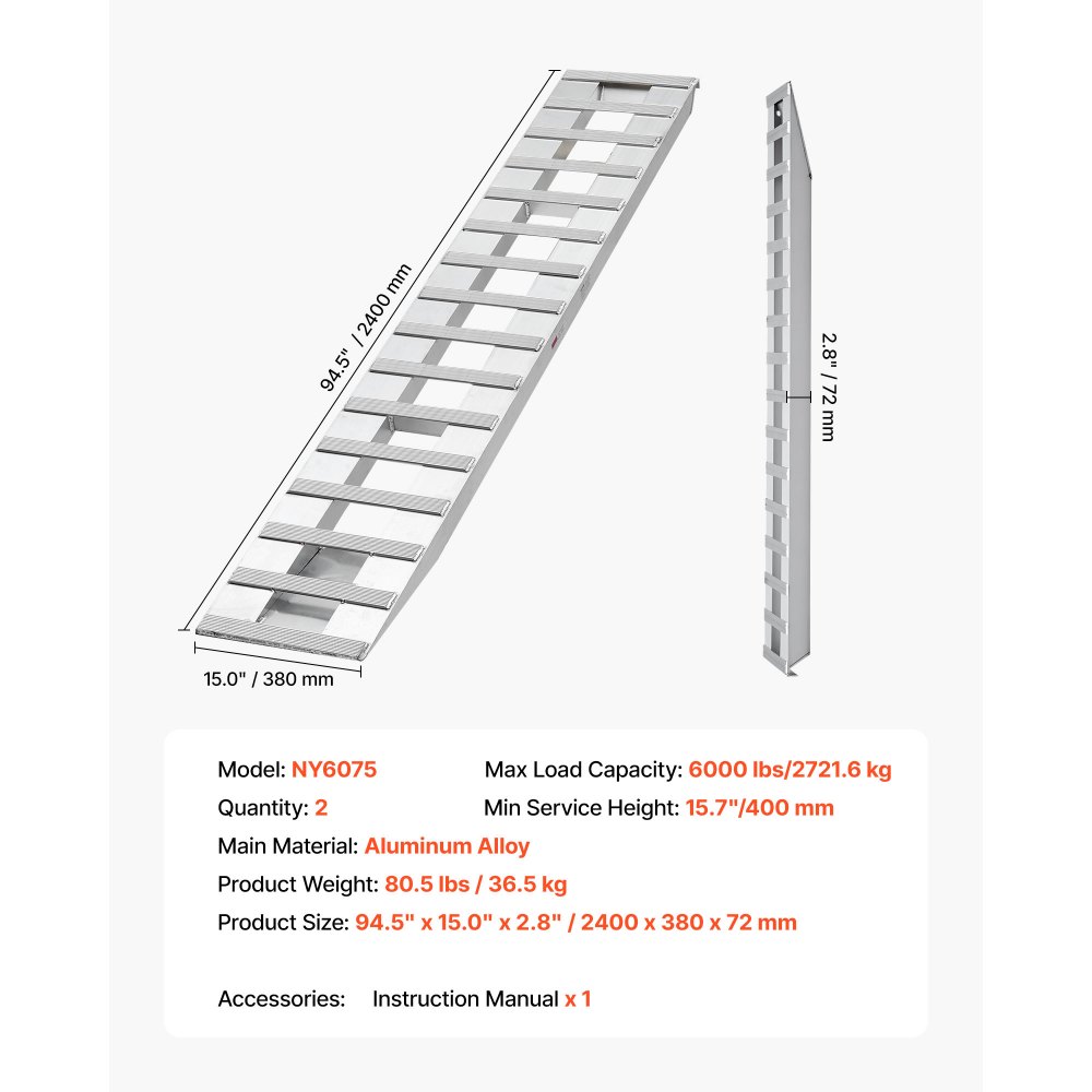 VEVOR Laadbruggen Aanhangwagenhellingen 2-pack 240 x 38 cm Laadbruggen Gemaakt van aluminiumlegering, 2721,6 kg totale capaciteit, voor karren Landbouwtractoren ATV's Grasmaaiers Motorfietsen Zilver
