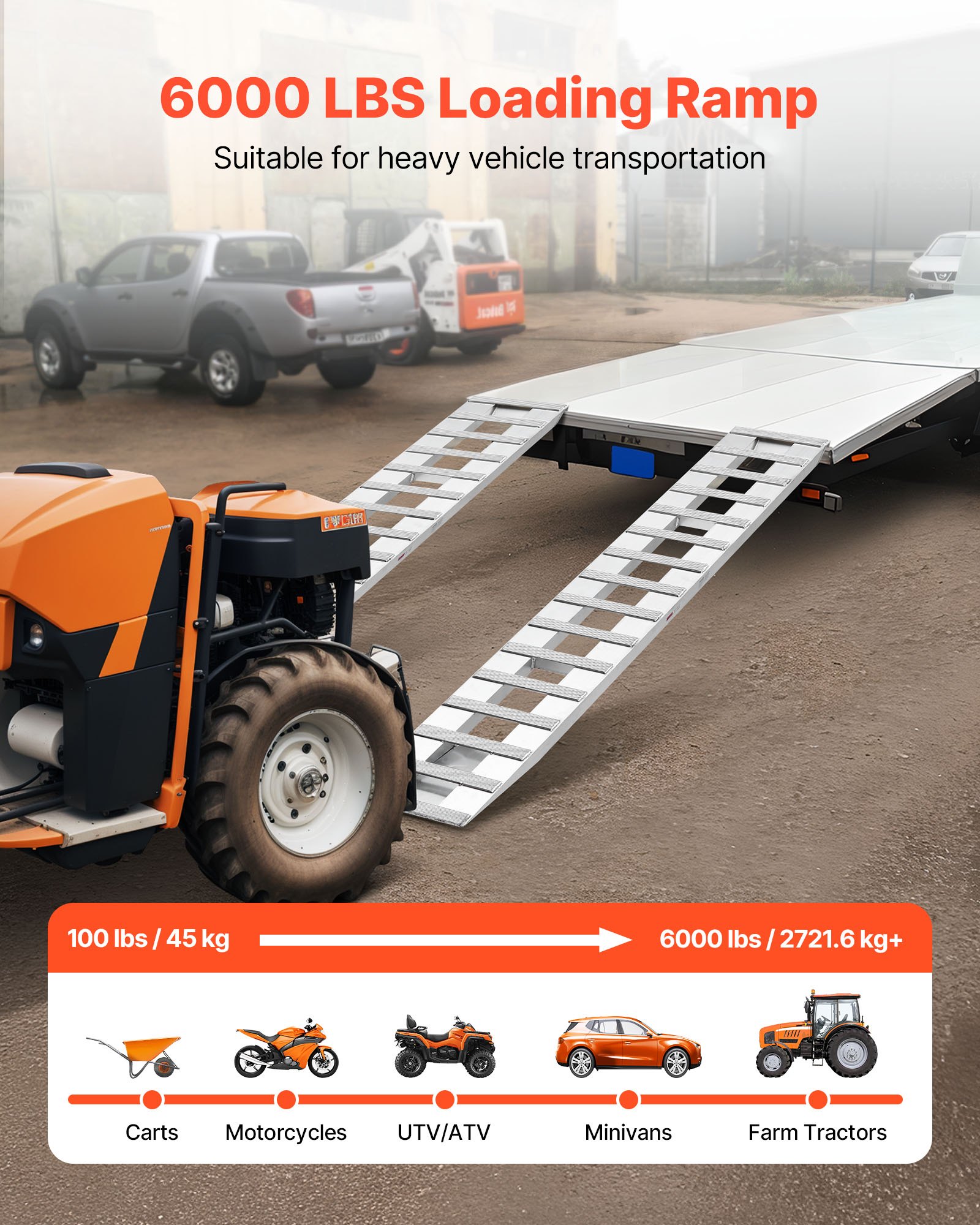 VEVOR Laadbruggen Aanhangwagenhellingen 2-pack 240 x 38 cm Laadbruggen Gemaakt van aluminiumlegering, 2721,6 kg totale capaciteit, voor karren Landbouwtractoren ATV's Grasmaaiers Motorfietsen Zilver