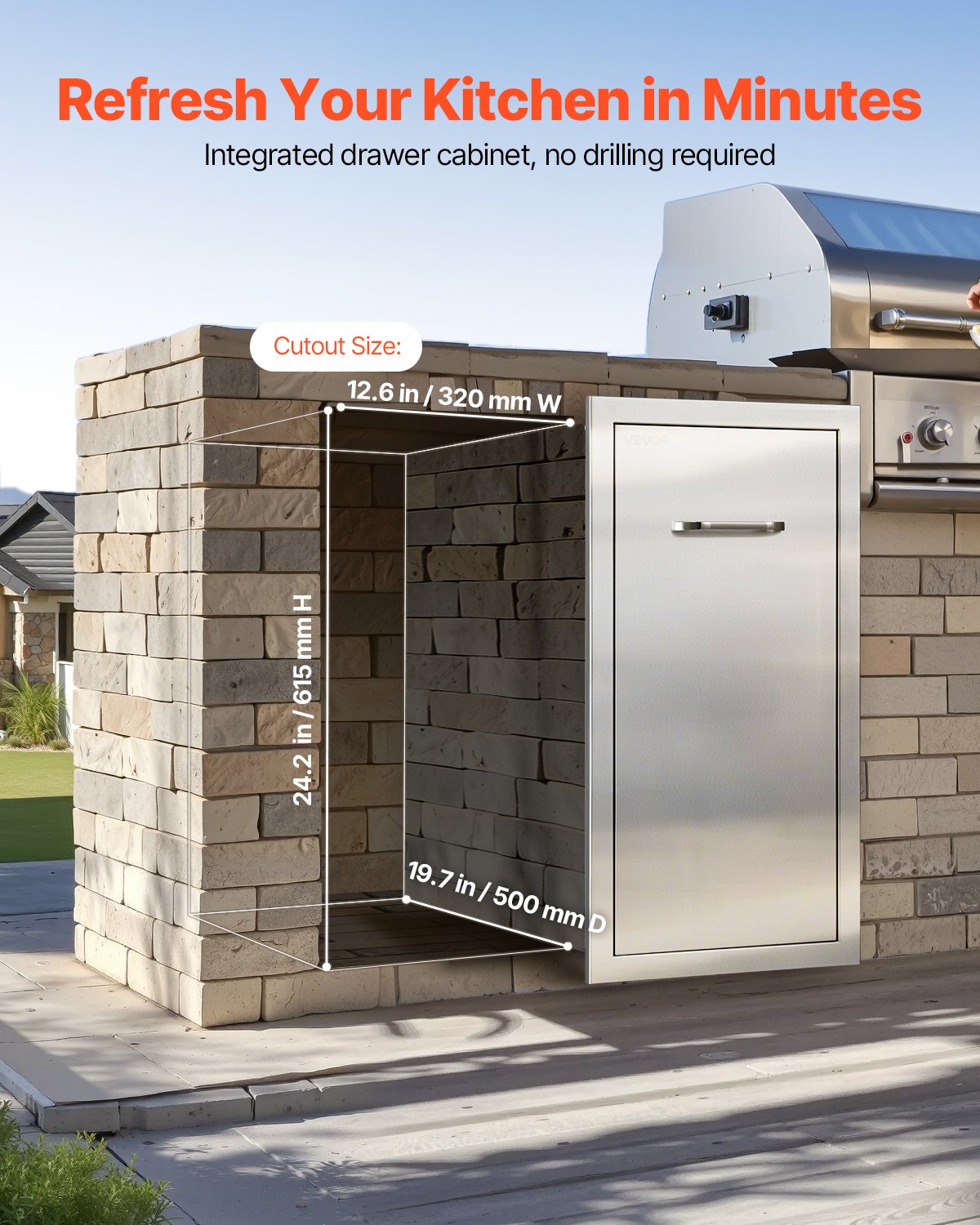 VEVOR Afvallade voor buitenkeuken BBQ Keukeneilanden, 344 x 498 x 655 mm (B x D x H), Opbergruimte voor binnen, Multifunctionele roestvrijstalen keukenladen voor propaangasflessen, Max. 25 kg (Geen afvalbakken)