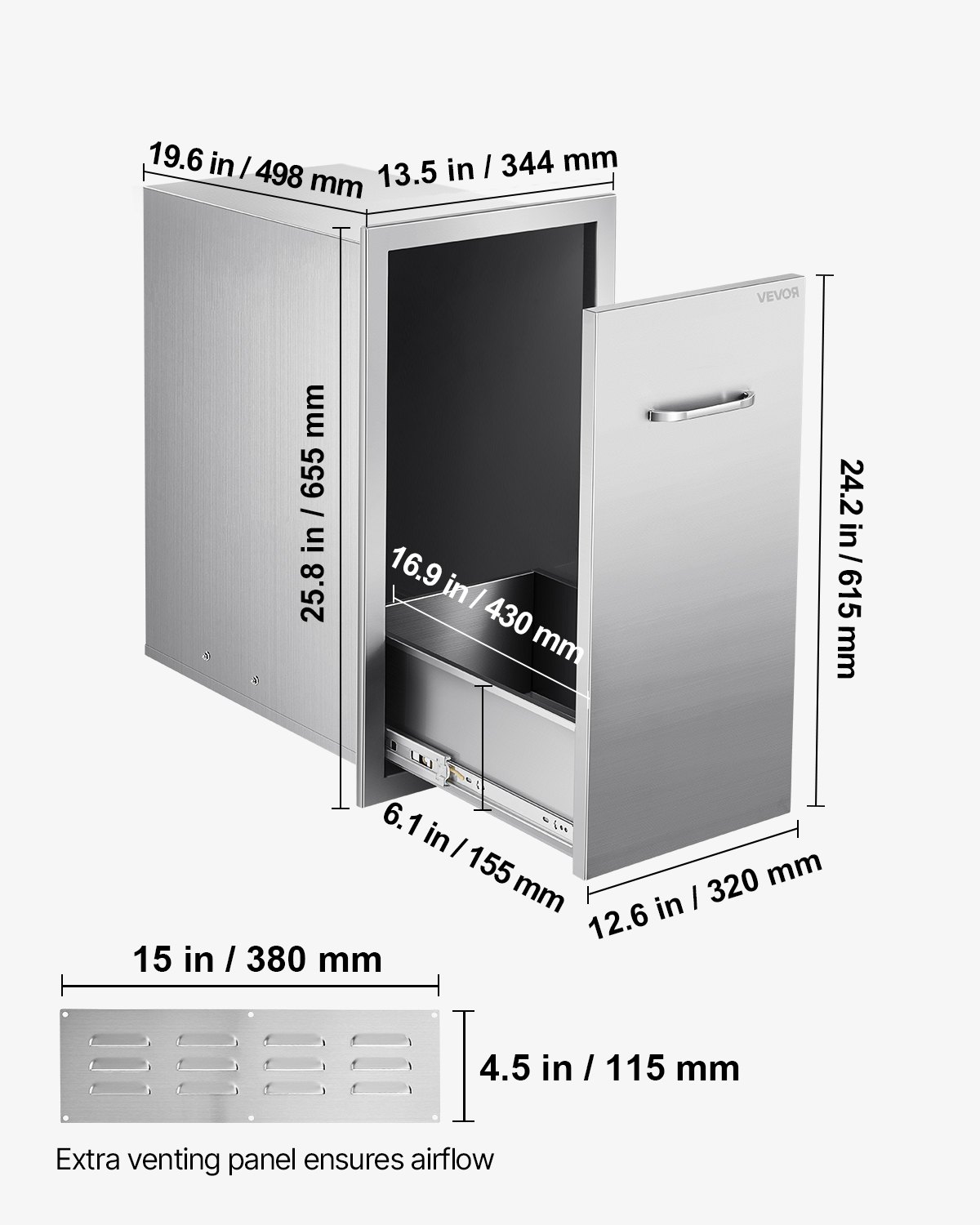 VEVOR Outdoor Kitchen Trash Drawer, 13.54"W x 19.61"D x 25.79"H Interior Storage, Multi-Purpose Outdoor Kitchen Drawers Stainless Steel, 55 lbs Max Capacity per Tier, for Outdoors BBQ Island Kitchens