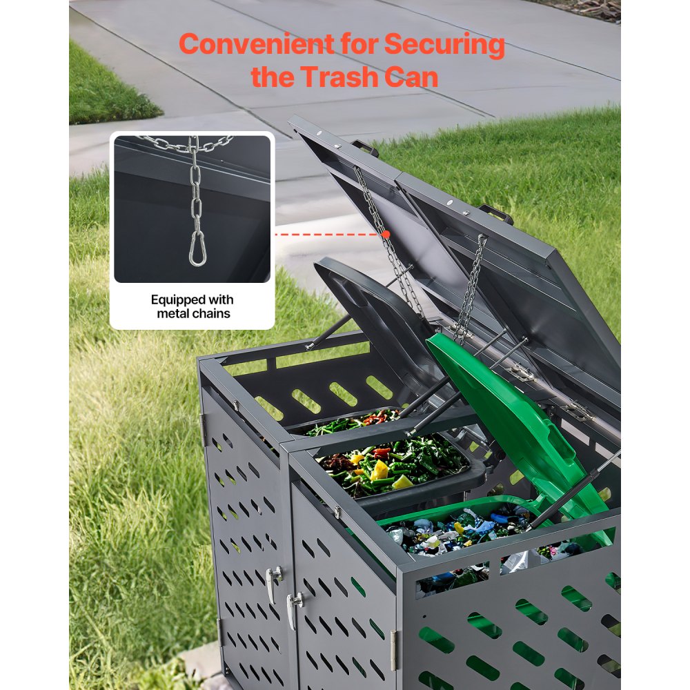 VEVOR Trash Can Storage, 2 x 52.79 Gal Trash Bin Storage Shed Outdoor, Horizontal Waterproof Storage Cabinet with Chain Lid, Lockable Garbage Can Storage Shed, for Trash Can, Garden, Backyard & Patio