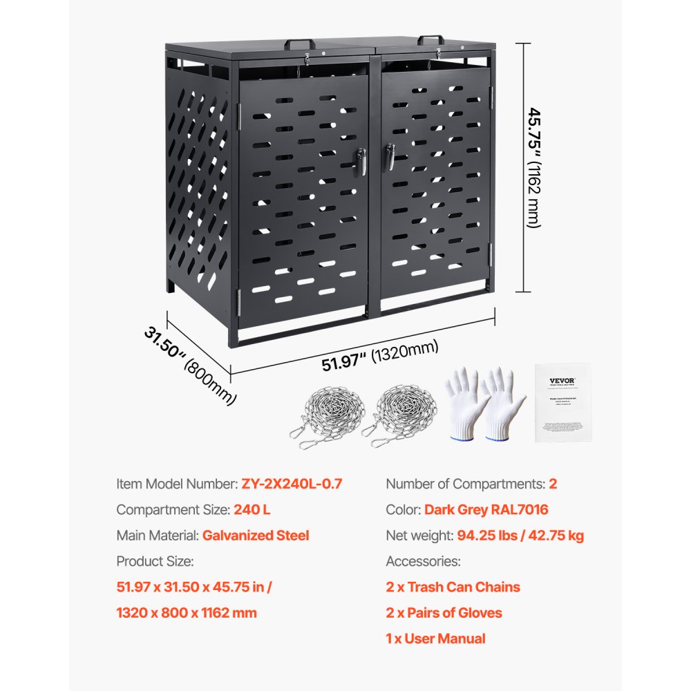 VEVOR Trash Can Storage, 2 x 52.79 Gal Trash Bin Storage Shed Outdoor, Horizontal Waterproof Storage Cabinet with Chain Lid, Lockable Garbage Can Storage Shed, for Trash Can, Garden, Backyard & Patio