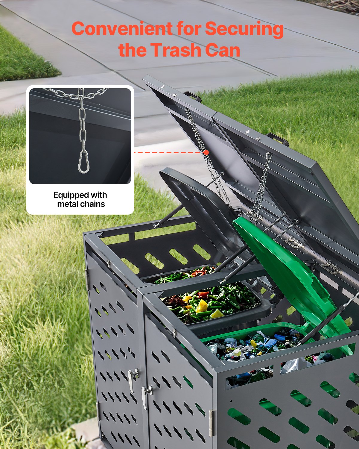 VEVOR Trash Can Storage, 2 x 52.79 Gal Trash Bin Storage Shed Outdoor, Horizontal Waterproof Storage Cabinet with Chain Lid, Lockable Garbage Can Storage Shed, for Trash Can, Garden, Backyard & Patio