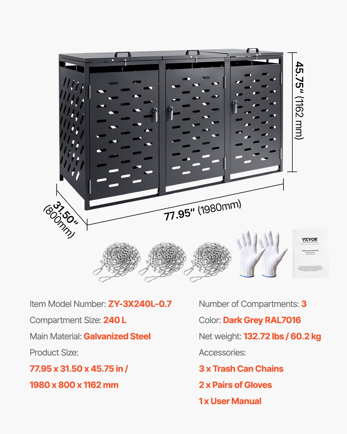 VEVOR Afvalbakbox, 3 x 240L Afvalbakhuis, Afvalbakdeksel, Afsluitbare Afvalbakopslag, voor Afvalbak, Tuin, Achtertuin en Terras