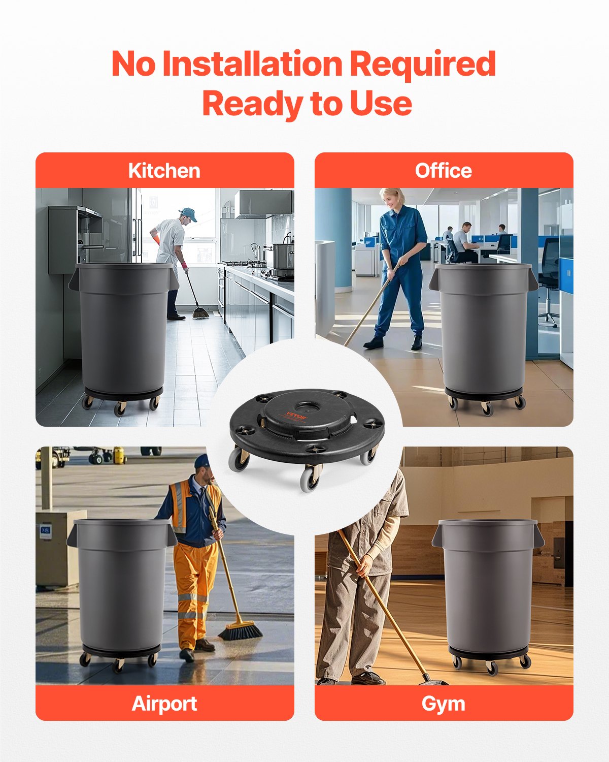 VEVOR Trash Can Dolly, Fit 20, 32, 44, 55 Gallon Containers, 2 Packs Round Trash Can Roller Base with 4 Lockable Wheels, 500lbs Heavy Duty Barrel Dolly, Multi-Functional Rolling Dolly Cart