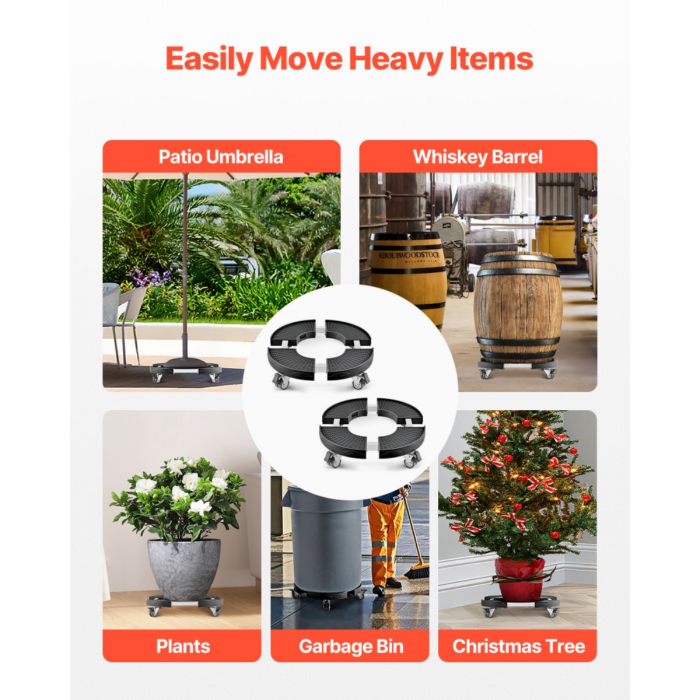 VEVOR Trash Can Dolly with 4 Lockable Wheels, 440lbs Weight Capacity, 2 Packs Round Trash Can Roller Base, 15-22.8 in Adjustable, Heavy Duty Plant Caddy, Multi-Functional Rolling Dolly Cart, Black