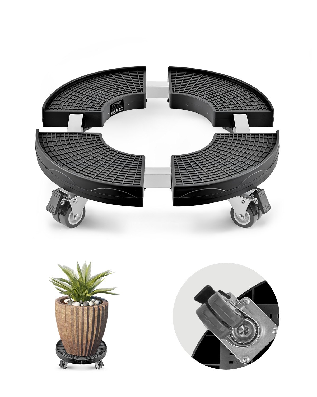 VEVOR Afvalbakwagen met 4 vergrendelbare wielen, laadvermogen 181,4 kg, ronde transportrol, verstelbare vatenwagen van 380-580 mm, plantenwagen, multifunctionele rolwagen, zwart
