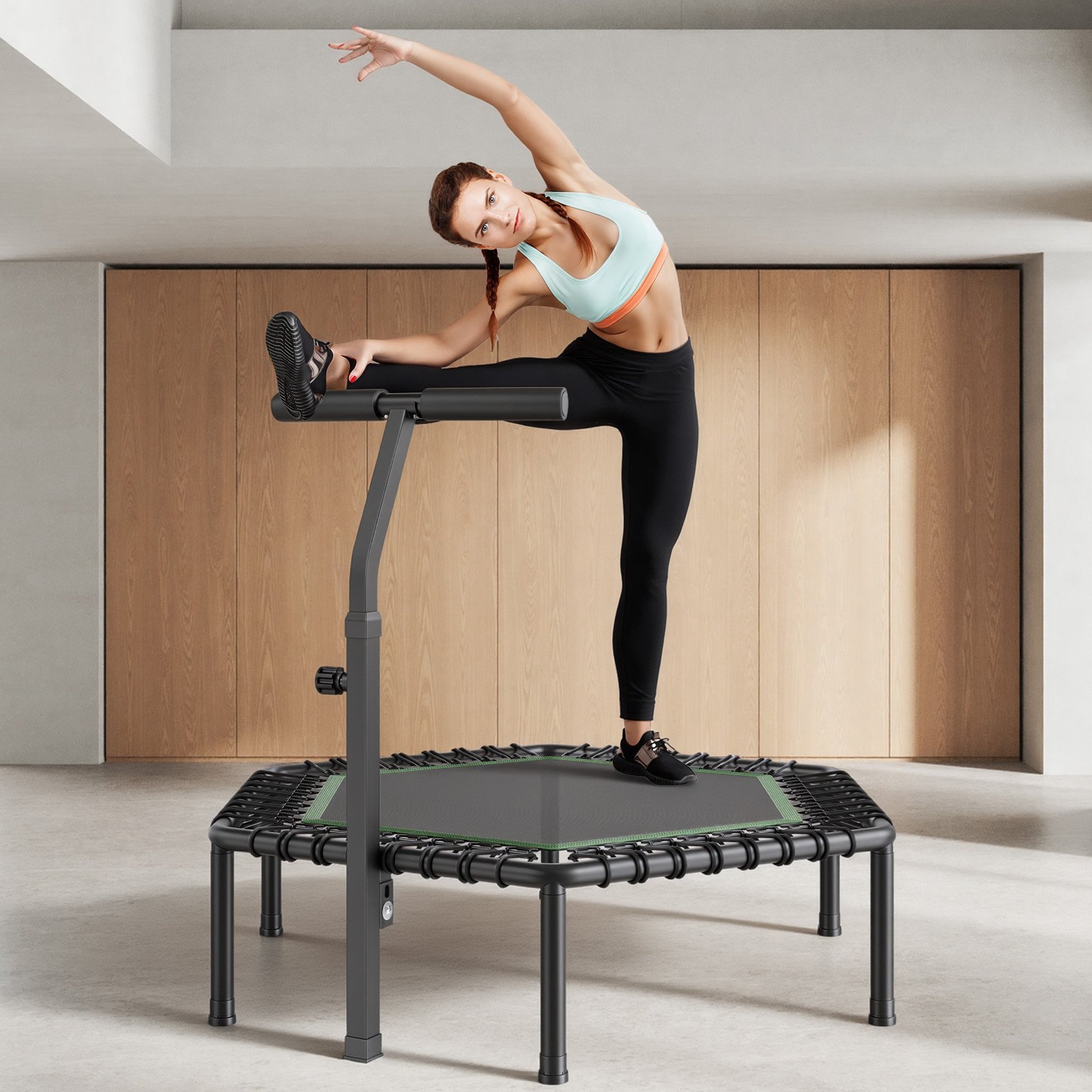 VEVOR Indoor Fitness Trampoline voor Volwassenen, Mini Trampoline met een draagvermogen van 205 kg, 1385 mm Rebounder Trampoline met in 3 standen verstelbare handgreep en schuimrubberen grip, Fitnessapparatuur voor Thuis