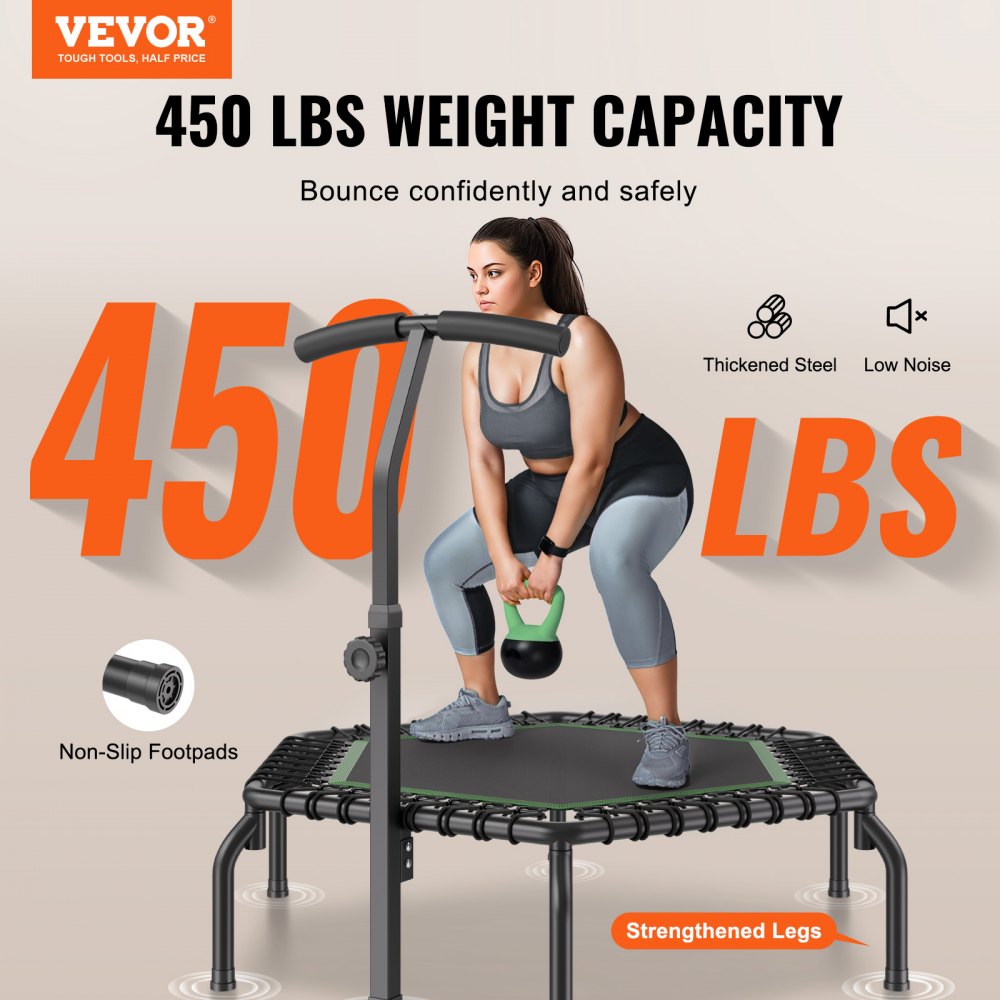 VEVOR Opvouwbare Mini Trampoline Fitness Rebounder 1384 mm 205 kg Laadvermogen Trainingstrampoline, Rebounder Trampoline Tuintrampoline met 3-niveau hoogteverstelbare schuimrubberen handgreep en 44 spanbanden