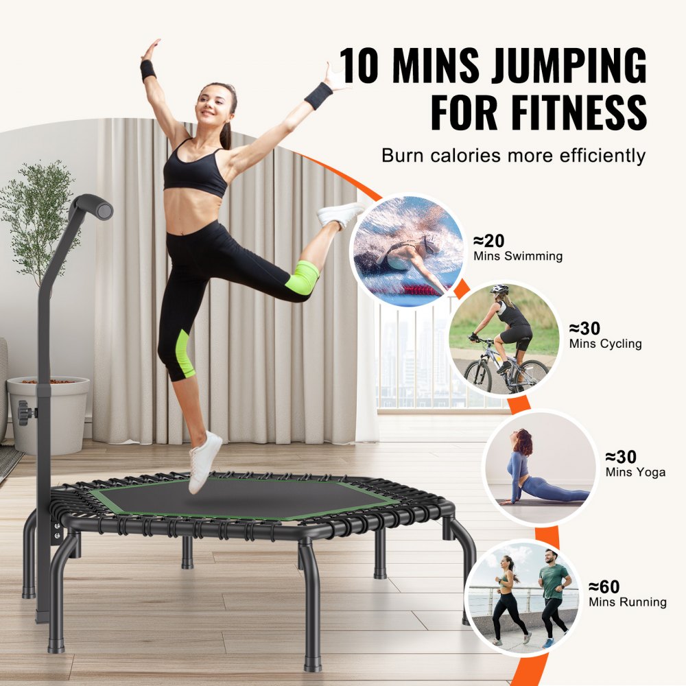 VEVOR Opvouwbare Mini Trampoline Fitness Rebounder 1384 mm 205 kg Laadvermogen Trainingstrampoline, Rebounder Trampoline Tuintrampoline met 3-niveau hoogteverstelbare schuimrubberen handgreep en 44 spanbanden