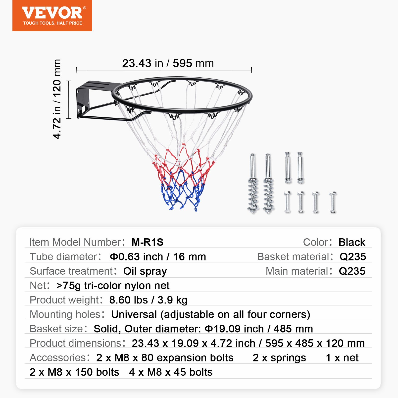 VEVOR Basketbalring Hangende Ring Basketbalring 485 mm, Basketbalringnet 595 x 485 x 120 mm Kwaliteit en Veiligheid Getest Binnen & Buiten, Universele Stabiele Basketbalring Oranje