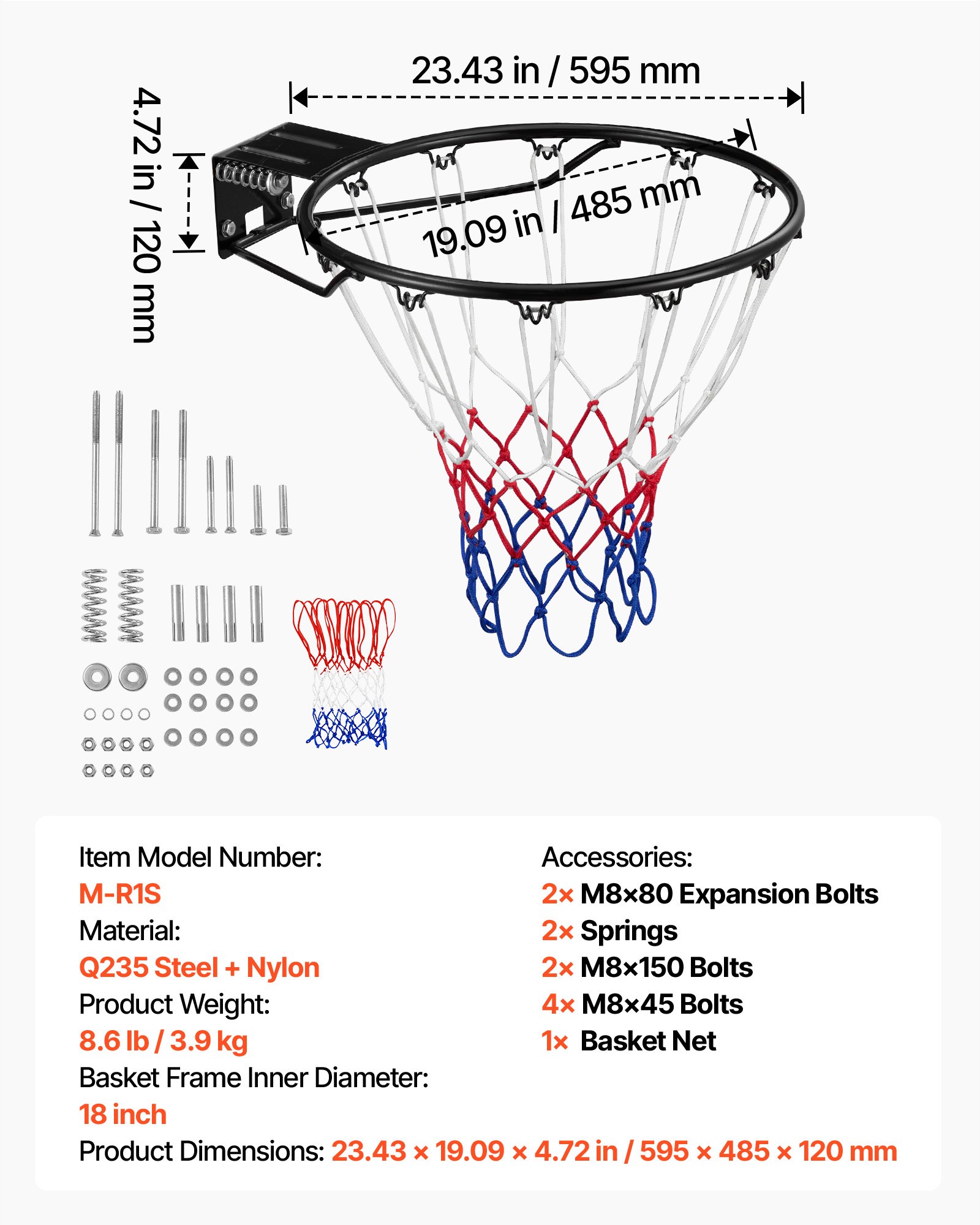 VEVOR basketbalring, ophangring, 485 mm, basketbalnet 595 x 485 x 120 mm, getest op kwaliteit en veiligheid, geschikt voor binnen en buiten, universeel, stevige basketbalring, oranje