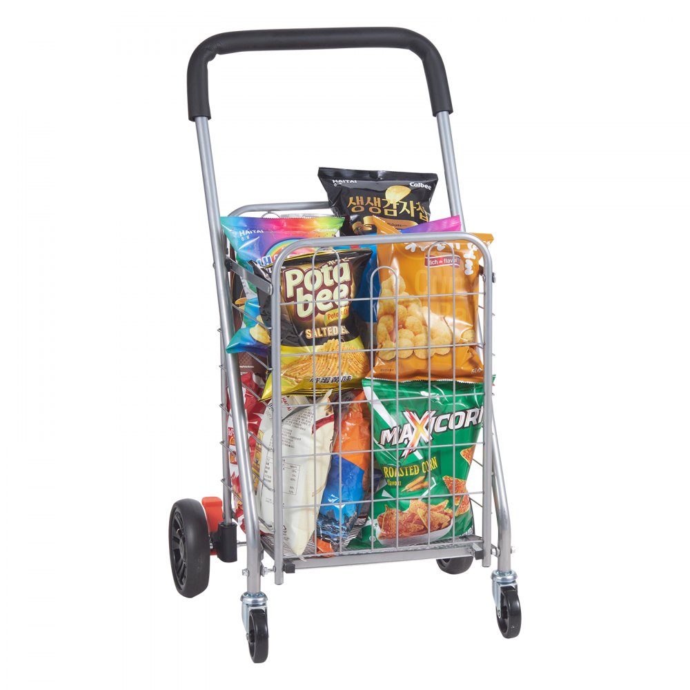 VEVOR folding shopping cart filled with assorted snacks, featuring sturdy wheels and a black handle.