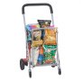 VEVOR folding shopping cart filled with assorted snacks, featuring sturdy wheels and a black handle.