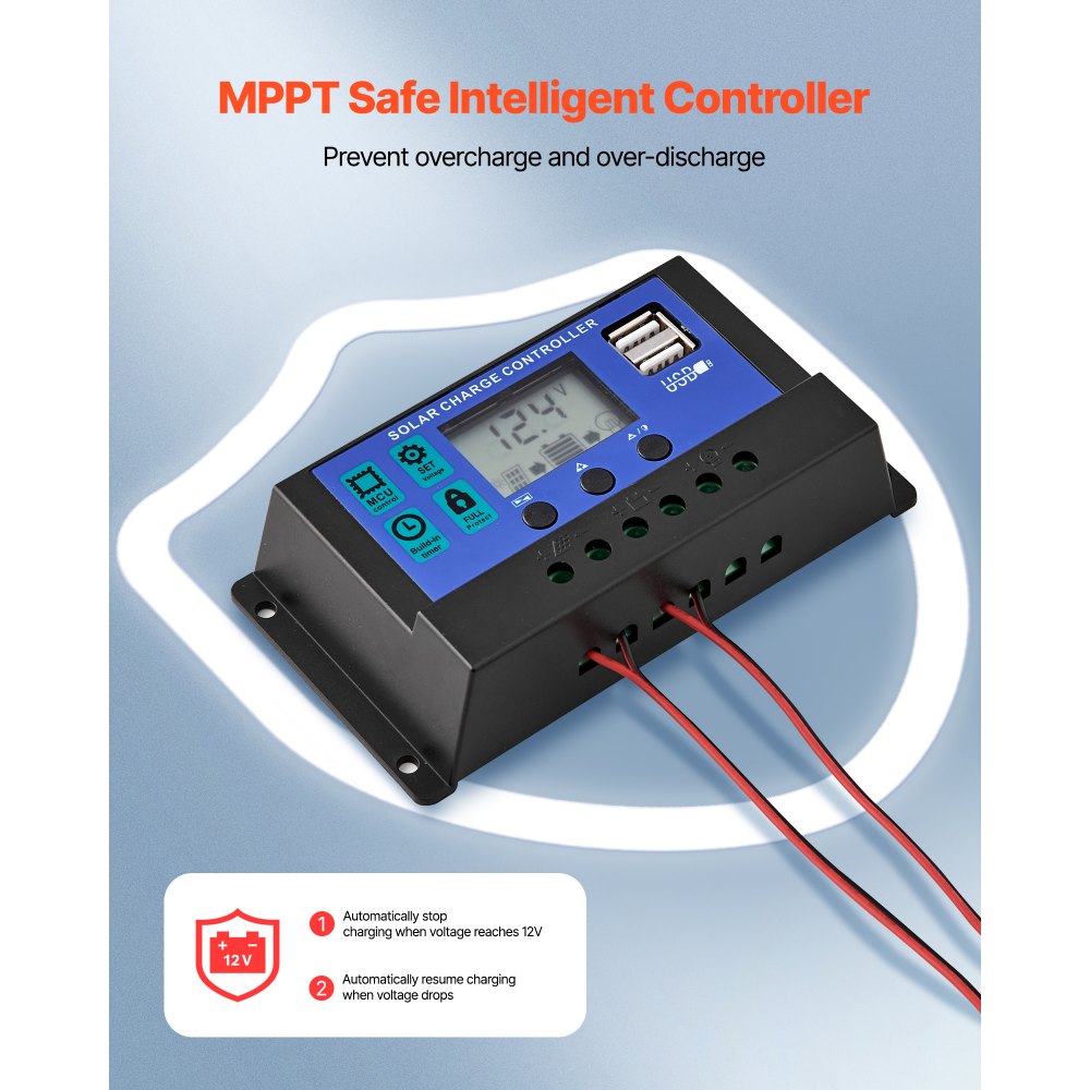 VEVOR 12V 50W monokristallijn zonnepaneelset met geüpgradede MPPT-controller voor auto, boot, camper, aanhanger, plat dak (montagebeugel niet inbegrepen)