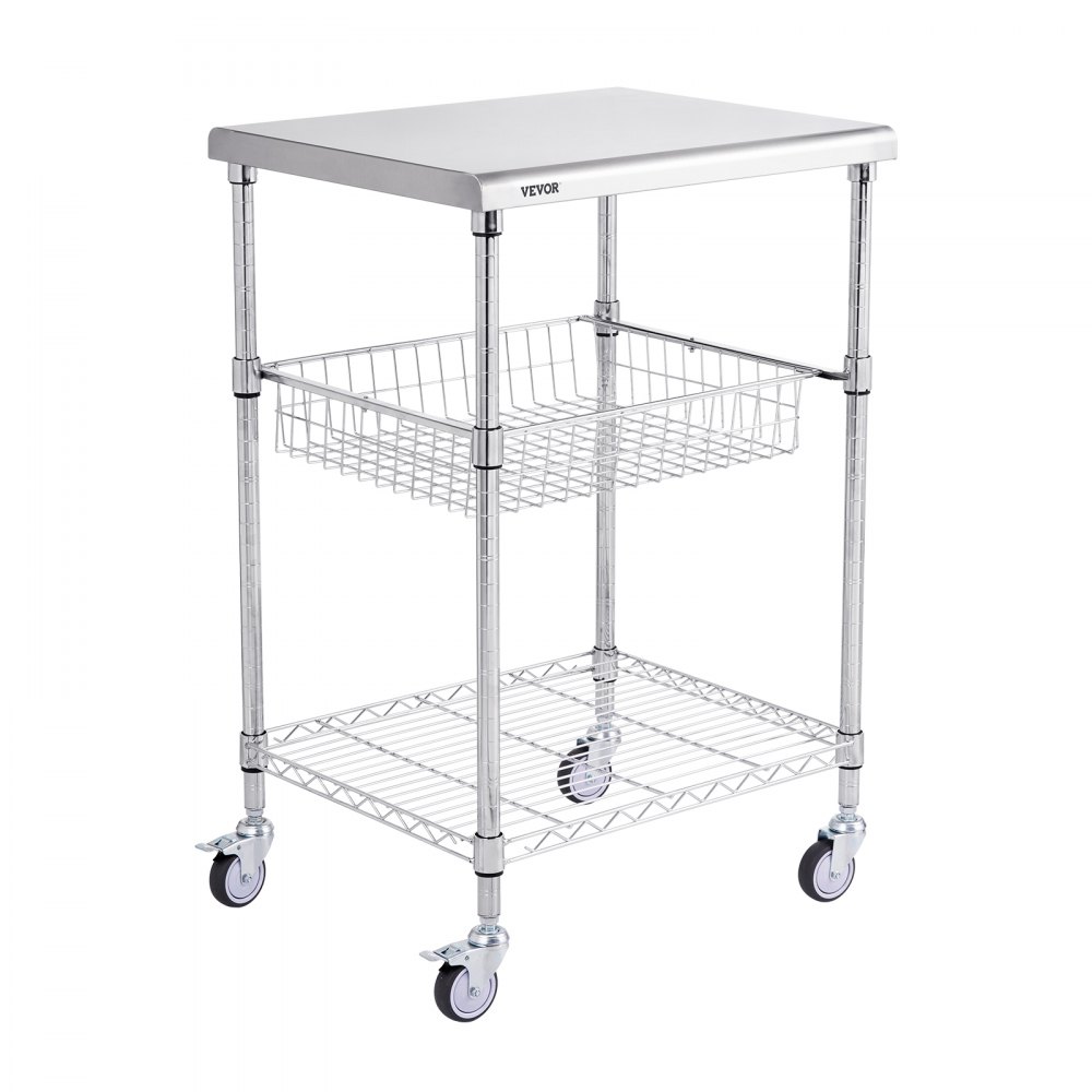 VEVOR Stainless Steel Kitchen Trolley, 3 Tier Serving Trolley with 213.2 kg Capacity, Laboratory Trolley, Clearance Trolley, Transport Trolley, Storage Trolley with Recessed Basket & 6 Hooks, for Indoor and Outdoor Use