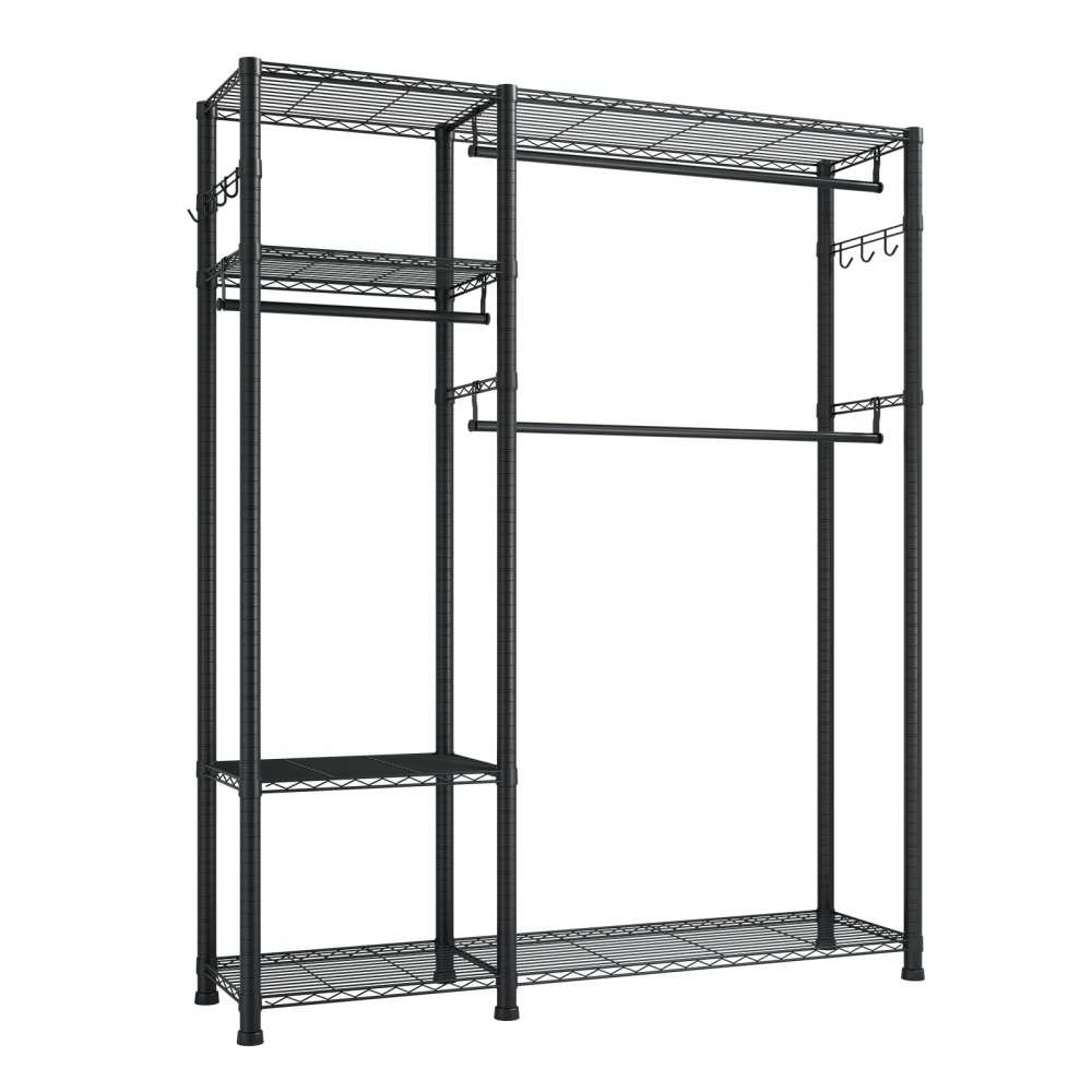 VEVOR Kledingrek (verstelbaar) met 3 kledingstangen en een draagvermogen van 363 kg en 6 planken en 8 haken, open kledingkast voor slaapkamer, kledingwinkel, garderobe, hal