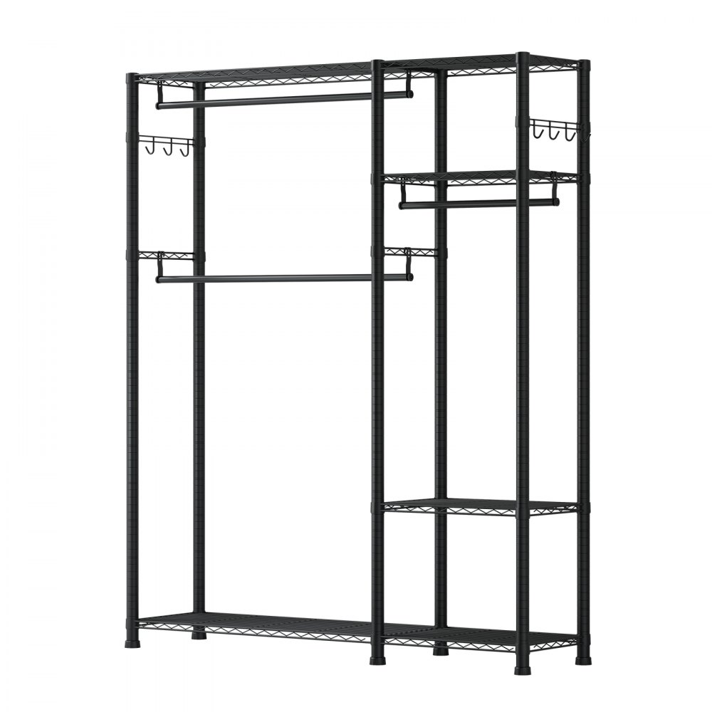 VEVOR Kledingrek (verstelbaar) met 3 kledingstangen en een draagvermogen van 363 kg en 6 planken en 8 haken, open kledingkast voor slaapkamer, kledingwinkel, garderobe, hal