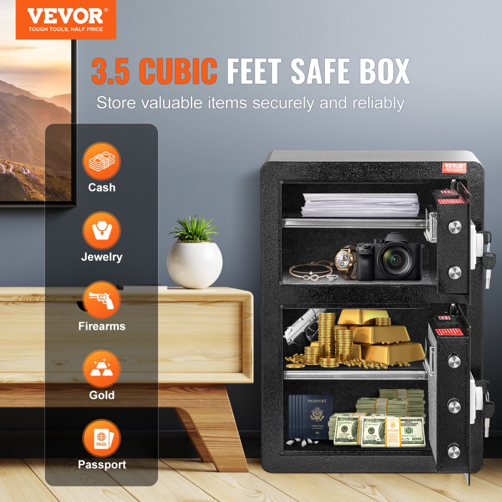 VEVOR Safe met brandwerende geldzak, kluis met dubbele deur (3,5 kubieke voet), 2 in hoogte verstelbare scheidingswanden, digitale meubelkluis met sleutel, code, kluis voor geld, sieraden, waardevolle spullen, zwart