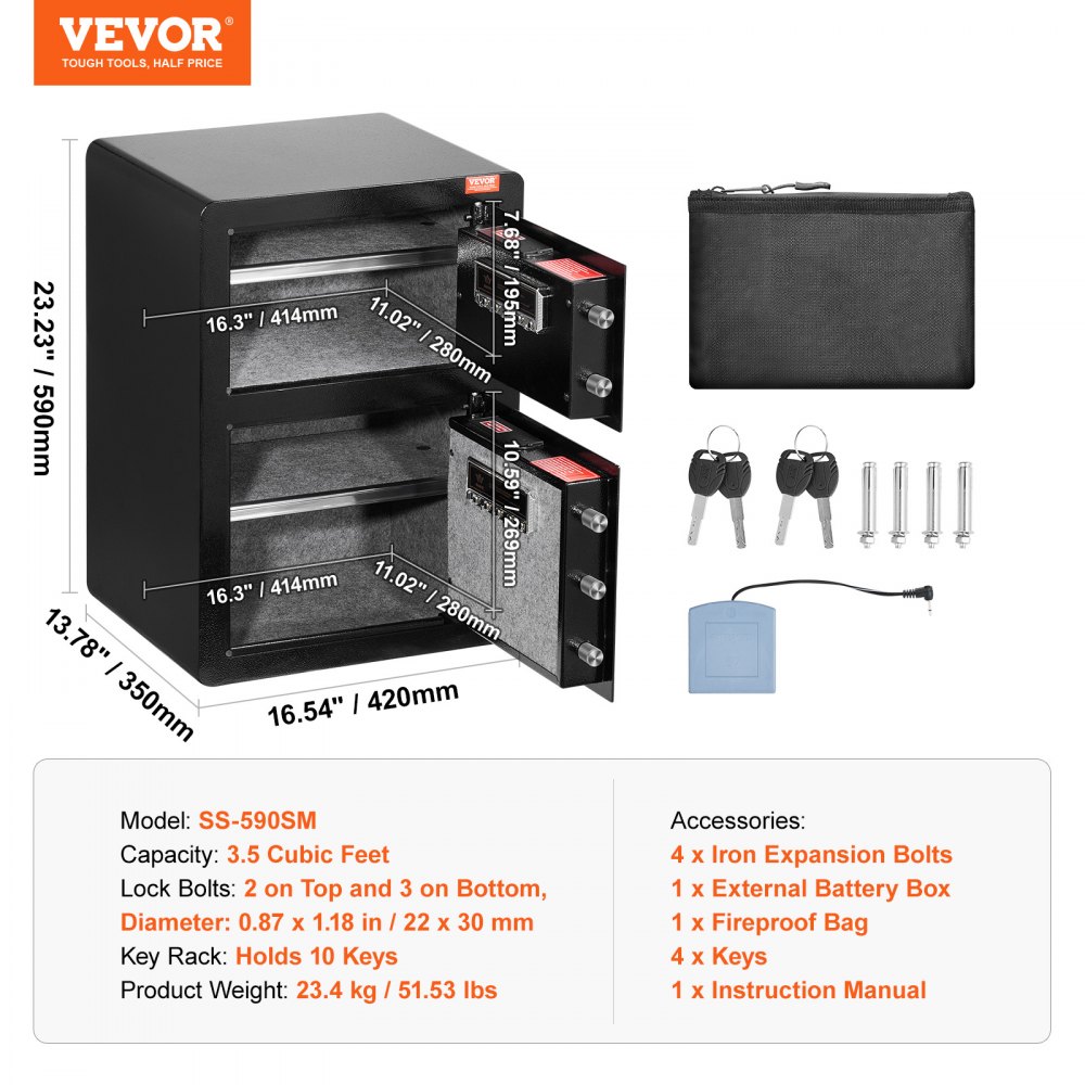 VEVOR Safe met brandwerende geldzak, kluis met dubbele deur (3,5 kubieke voet), 2 in hoogte verstelbare scheidingswanden, digitale meubelkluis met sleutel, code, kluis voor geld, sieraden, waardevolle spullen, zwart