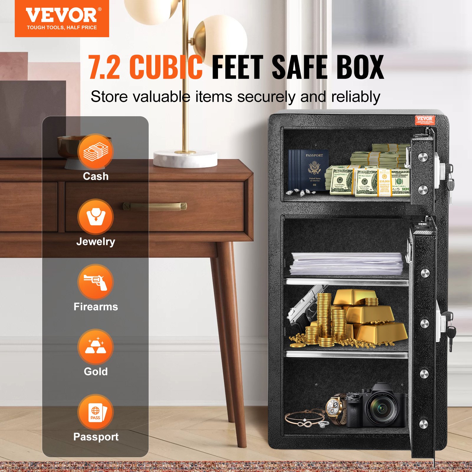 VEVOR Safe met brandwerende geldzak, kluis met dubbele deur (204 L), 2 in hoogte verstelbare scheidingswanden, digitale meubelkluis met sleutel, code, kluis voor geld, sieraden, waardevolle spullen, zwart