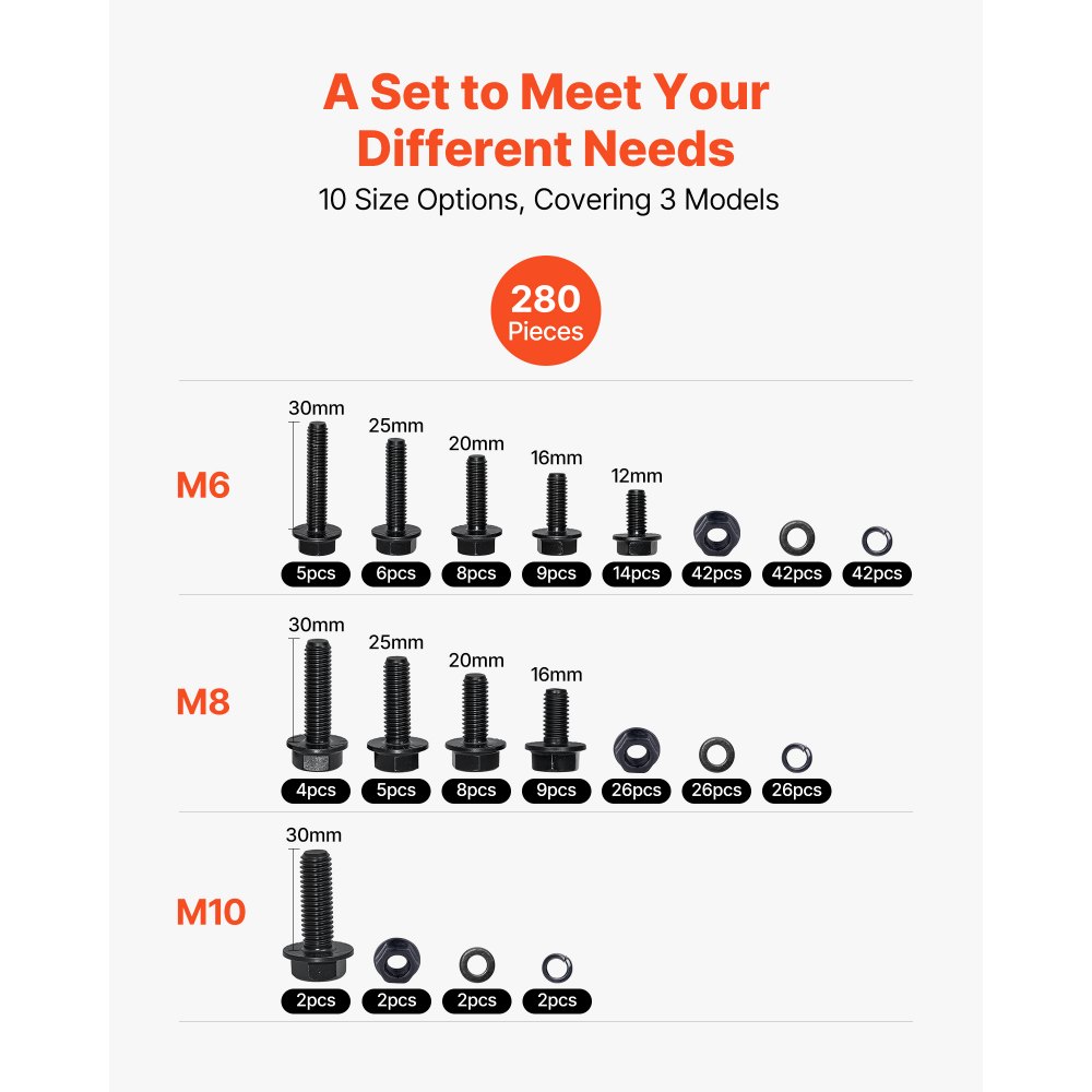 VEVOR 280-delig moerassortiment, metrische machineschroeven & ringen, gelegeerd staal M6/M8/M10, diverse maten, metrische kwaliteit 10.9, zwart, met koffer
