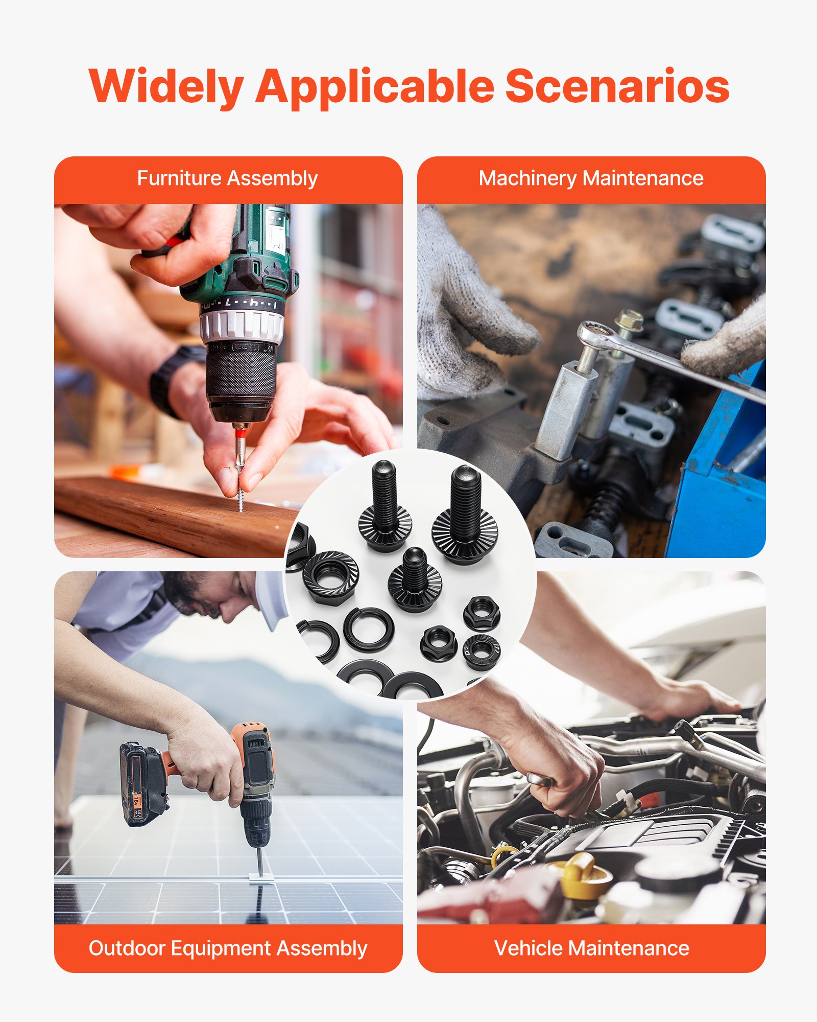 VEVOR 280-delig moerassortiment, metrische machineschroeven & ringen, gelegeerd staal M6/M8/M10, diverse maten, metrische kwaliteit 10.9, zwart, met koffer