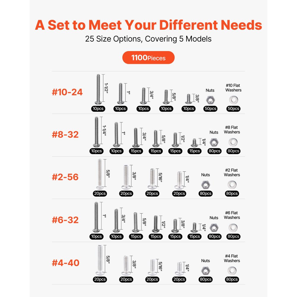 VEVOR 1110 Pcs Bolts and Nuts Assortment Kit, Imperial Machine Screws and Flat Washers, Stainless Steel 10-24,8-32,2-56,6-32,4-40, for Furniture /Equipment/Vehicle Assembly, Silver