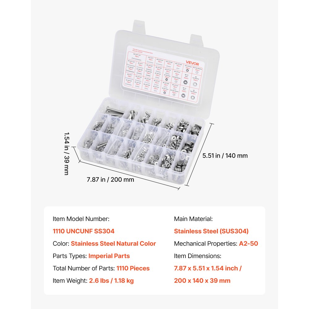 VEVOR 1110 Pcs Bolts and Nuts Assortment Kit, Imperial Machine Screws and Flat Washers, Stainless Steel 10-24,8-32,2-56,6-32,4-40, for Furniture /Equipment/Vehicle Assembly, Silver