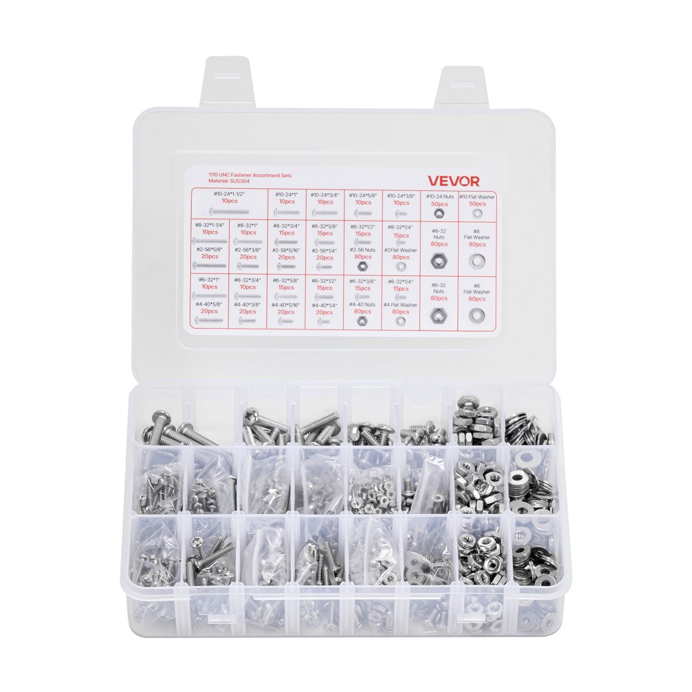 VEVOR 1110 Pcs Bolts and Nuts Assortment Kit, Imperial Machine Screws and Flat Washers, Stainless Steel 10-24,8-32,2-56,6-32,4-40, for Furniture /Equipment/Vehicle Assembly, Silver