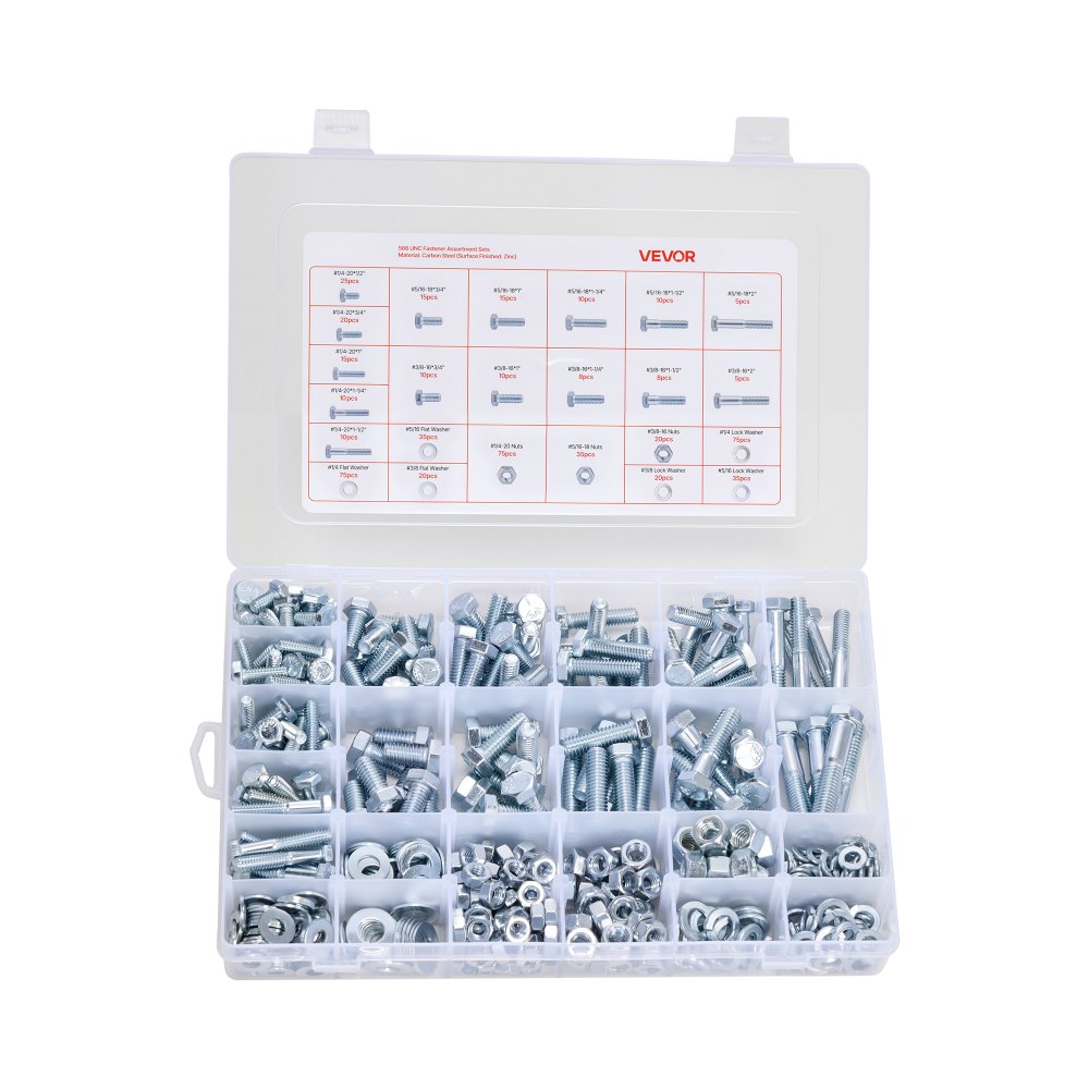 VEVOR 566 Pcs Bolts and Nuts Assortment Kit, Imperial Machine Screws and Flat Washers, Alloy Steel 1/4-20,5/16-18,3/8-16, for Furniture /Equipment/Vehicle Assembly, Galvanized White