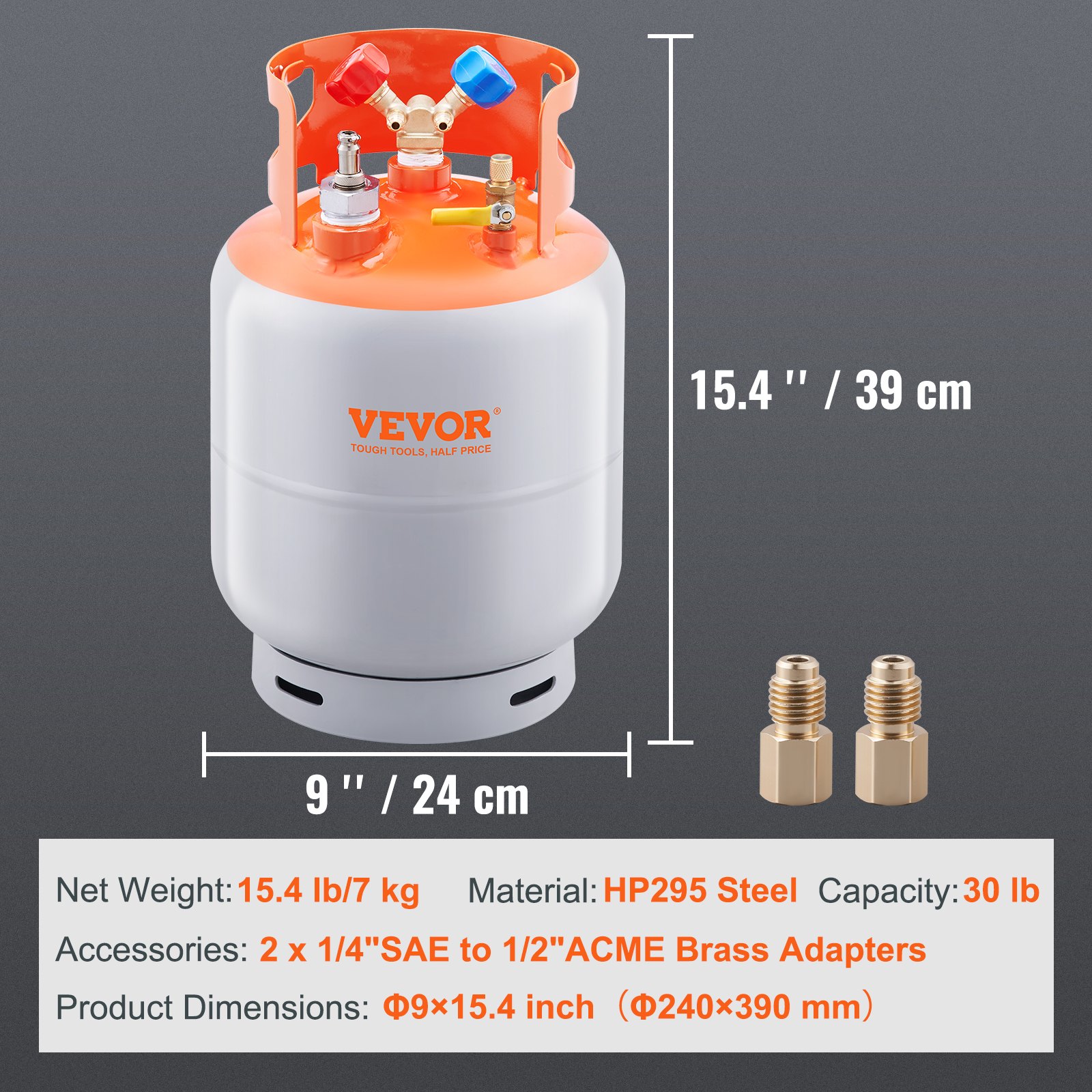 VEVOR Refrigerant Recovery Tank with Float Switch - 30 lb. Capacity ac Recovery Tank with ¼ to ½ Adaptor, Reusable Recovery Tank HVAC for All Refrigerant, Prevent Overflow, with Trace Amount of N₂