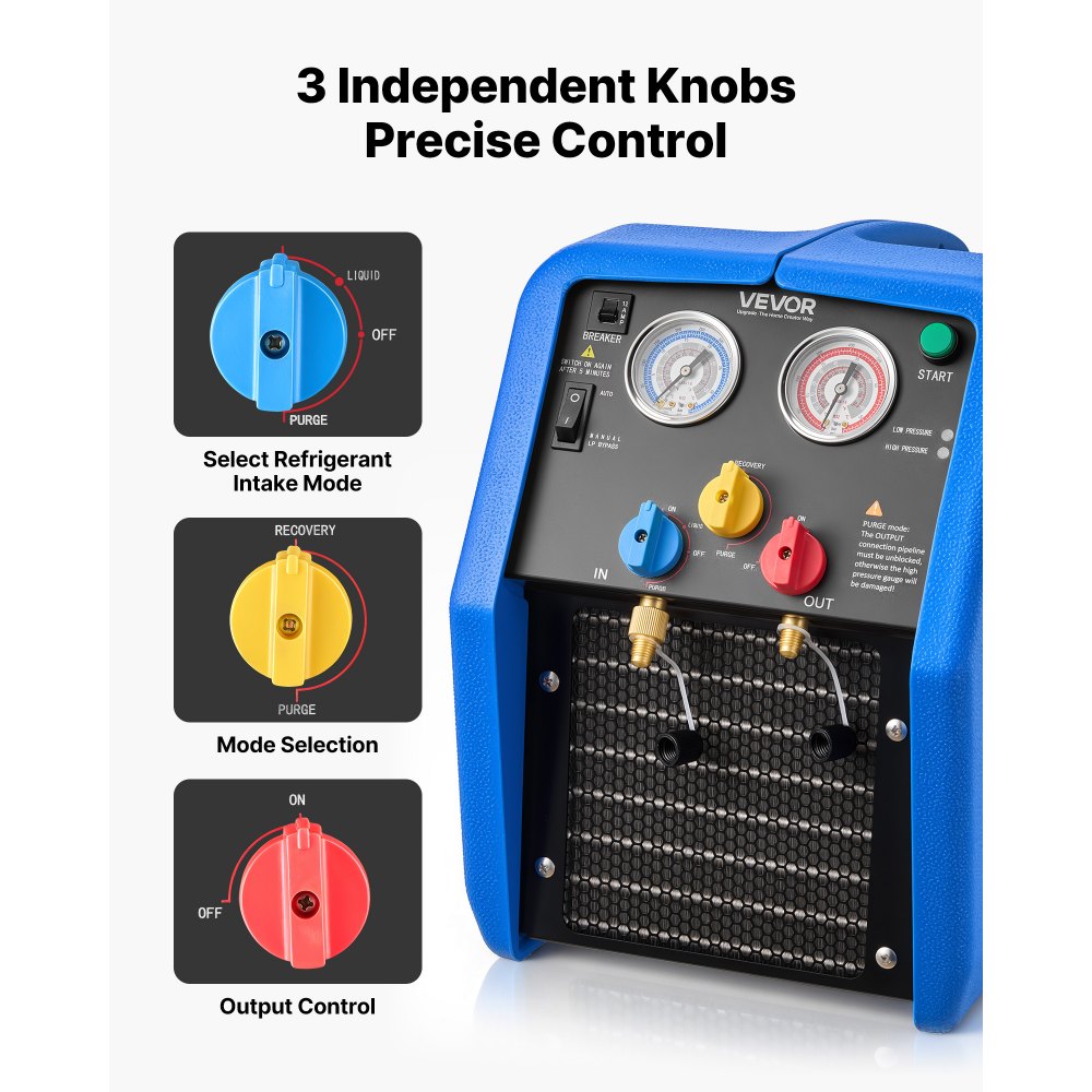 VEVOR Koelmiddelterugwinningsunit, draagbaar koelmiddelterugwinningsstation, 220V/50Hz 1450 RPM, 1 pk met tweecilinder afzuigsysteem voor koelmiddelen A1 & A2L, terugwinningsunit voor airconditioningsystemen in auto's en woningen.