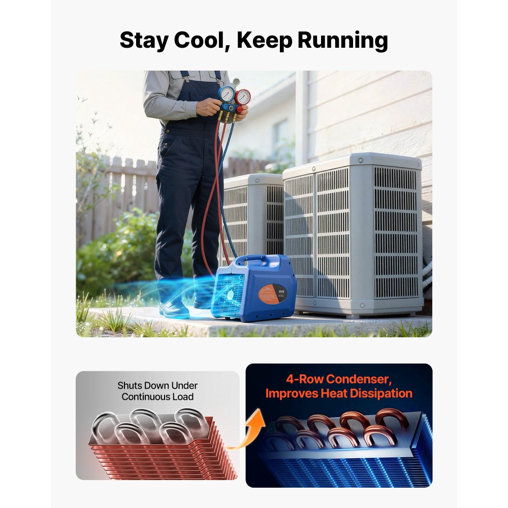 VEVOR Koelmiddelterugwinningsunit, draagbaar koelmiddelterugwinningsstation, 220V/50Hz 1450 RPM, 1 pk met tweecilinder afzuigsysteem voor koelmiddelen A1 & A2L, terugwinningsunit voor airconditioningsystemen in auto's en woningen.