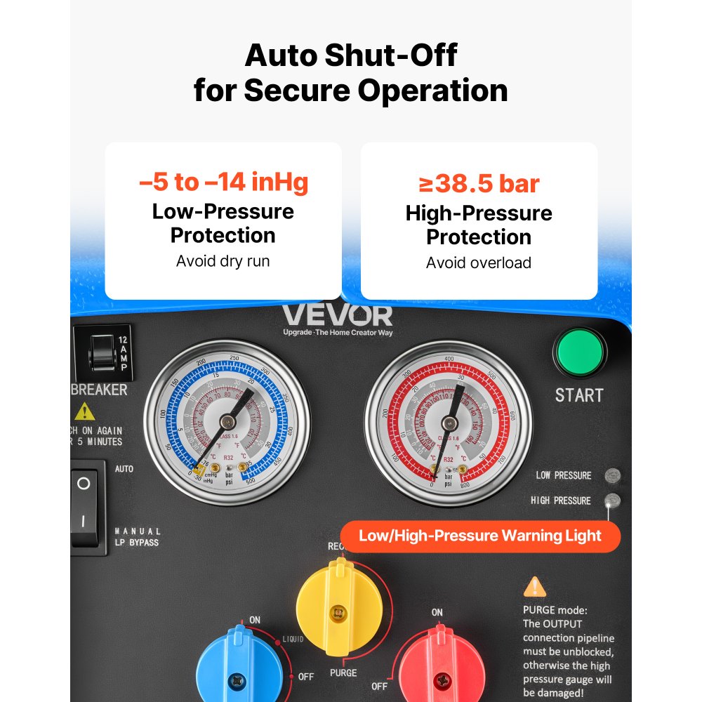 VEVOR Koelmiddelterugwinningsunit, draagbaar koelmiddelterugwinningsstation, 220V/50Hz 1450 RPM, 1 pk met tweecilinder afzuigsysteem voor koelmiddelen A1 & A2L, terugwinningsunit voor airconditioningsystemen in auto's en woningen.