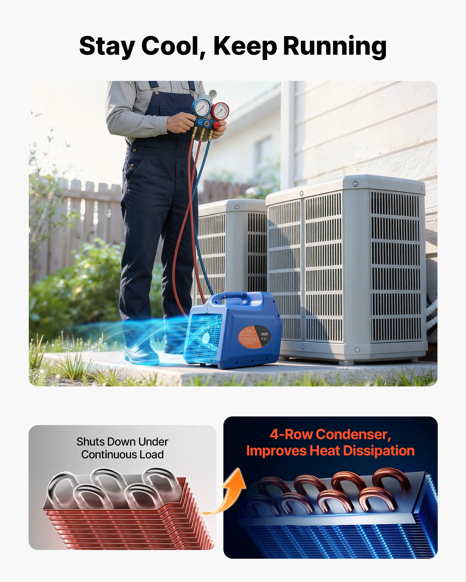 VEVOR Koelmiddelterugwinningsunit, draagbaar koelmiddelterugwinningsstation, 220V/50Hz 1450 RPM, 1 pk met tweecilinder afzuigsysteem voor koelmiddelen A1 & A2L, terugwinningsunit voor airconditioningsystemen in auto's en woningen.