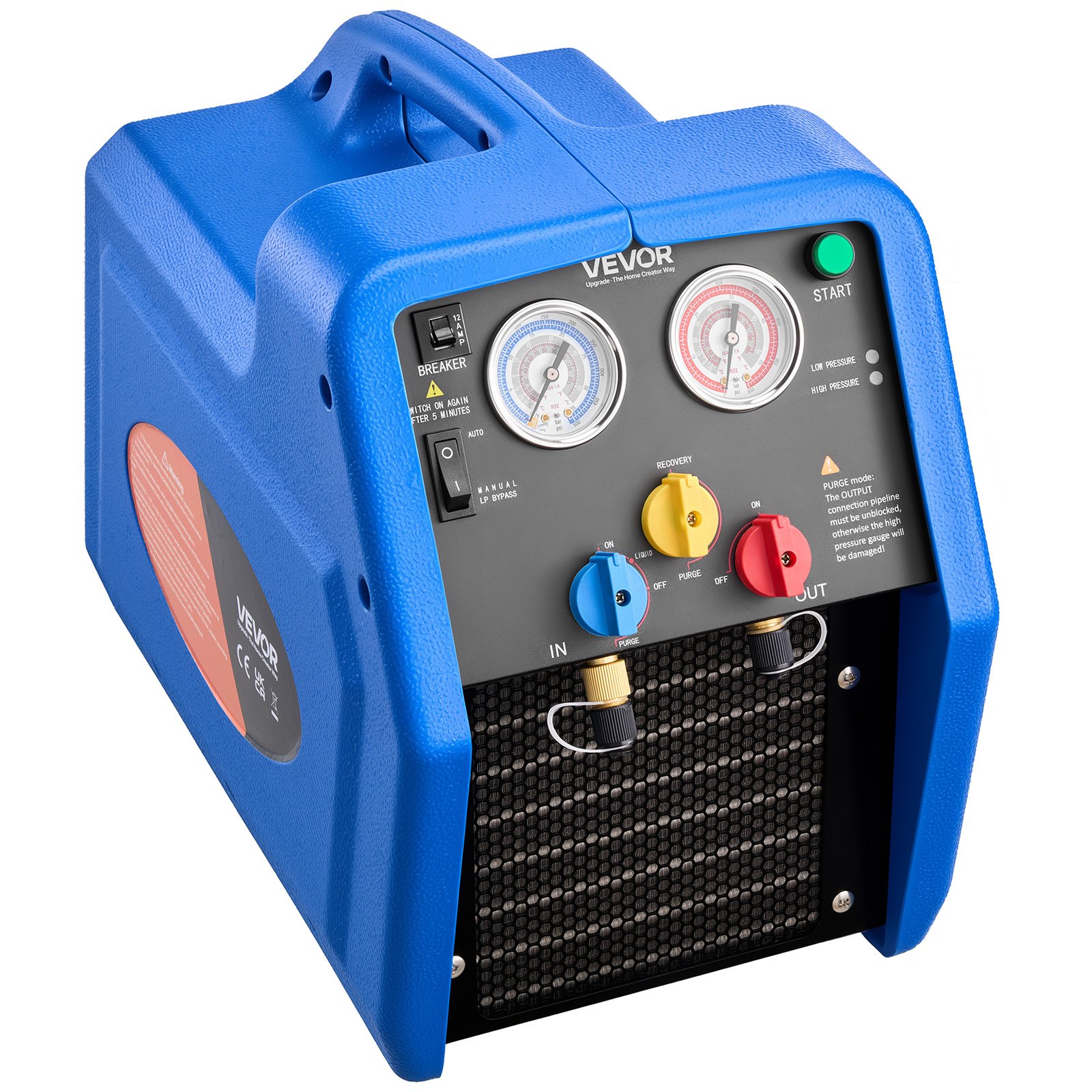 VEVOR Koelmiddelterugwinningsunit, draagbaar koelmiddelterugwinningsstation, 220V/50Hz 1450 RPM, 1 pk met tweecilinder afzuigsysteem voor koelmiddelen A1 & A2L, terugwinningsunit voor airconditioningsystemen in auto's en woningen.