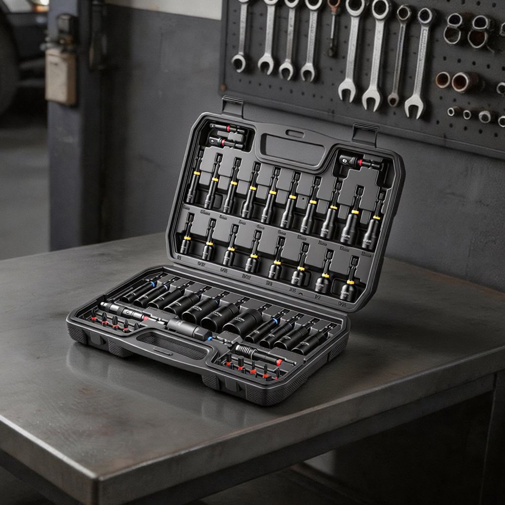 VEVOR 55-delige doppenset, SAE & metrisch, magnetische doppen, met inzetstukken, verlengstukken, bits en gereedschapskoffer, voor autoreparaties, huisverbetering en doe-het-zelfprojecten.