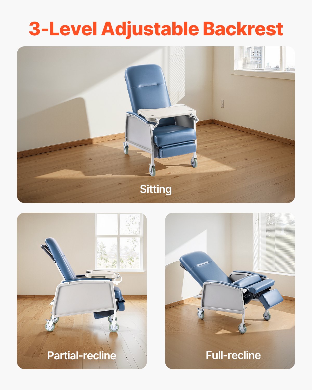 VEVOR Geri Chair Recliner, 3-Position Reclining Geri Chair, Movable Medical Recliner Chairs with 4 Wheels, Soft Padded Seat & Detachable Tray, Ideal for Hospital, Nursing Home, and Geriatric Home Care