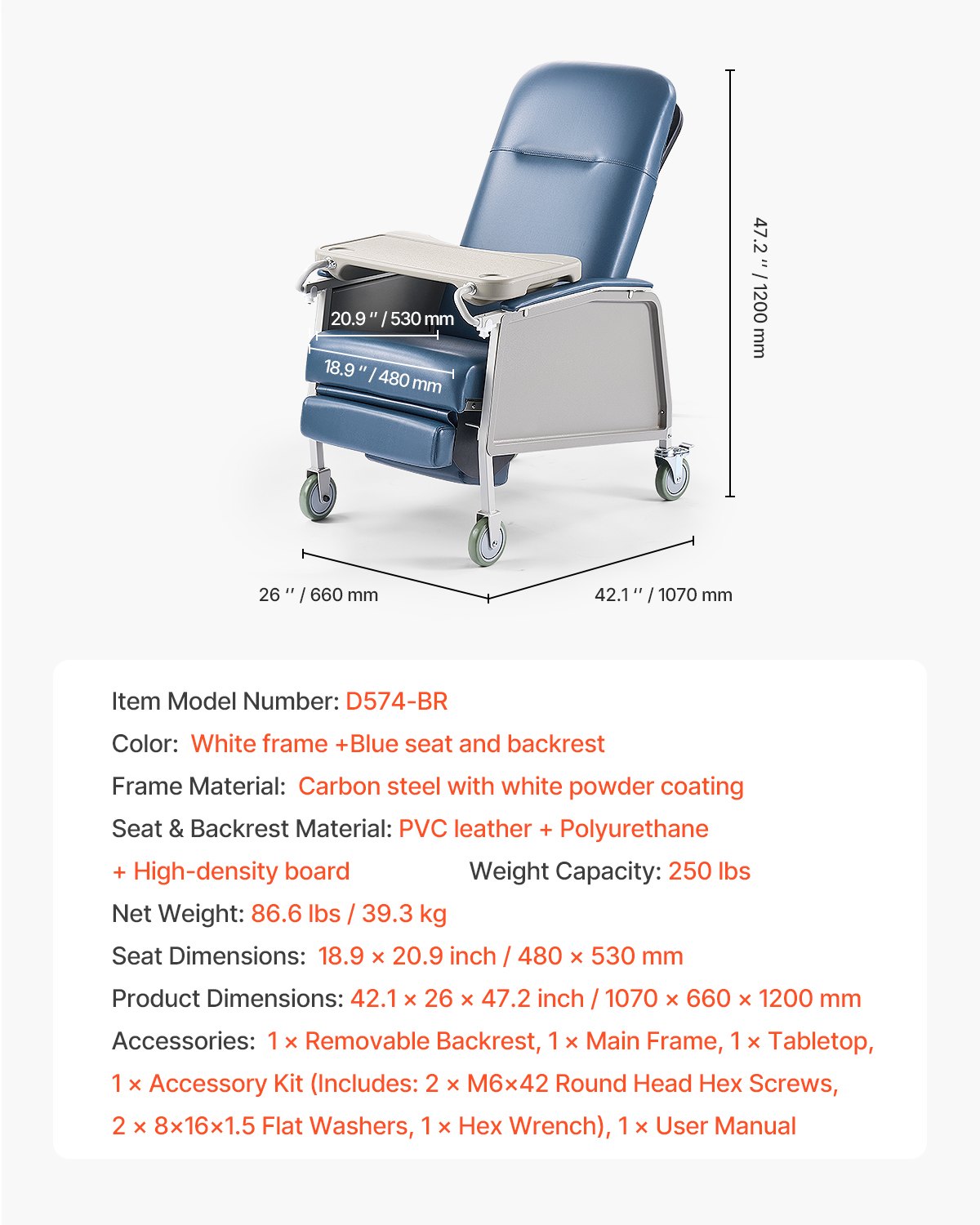 VEVOR Geri Chair Recliner, 3-Position Reclining Geri Chair, Movable Medical Recliner Chairs with 4 Wheels, Soft Padded Seat & Detachable Tray, Ideal for Hospital, Nursing Home, and Geriatric Home Care