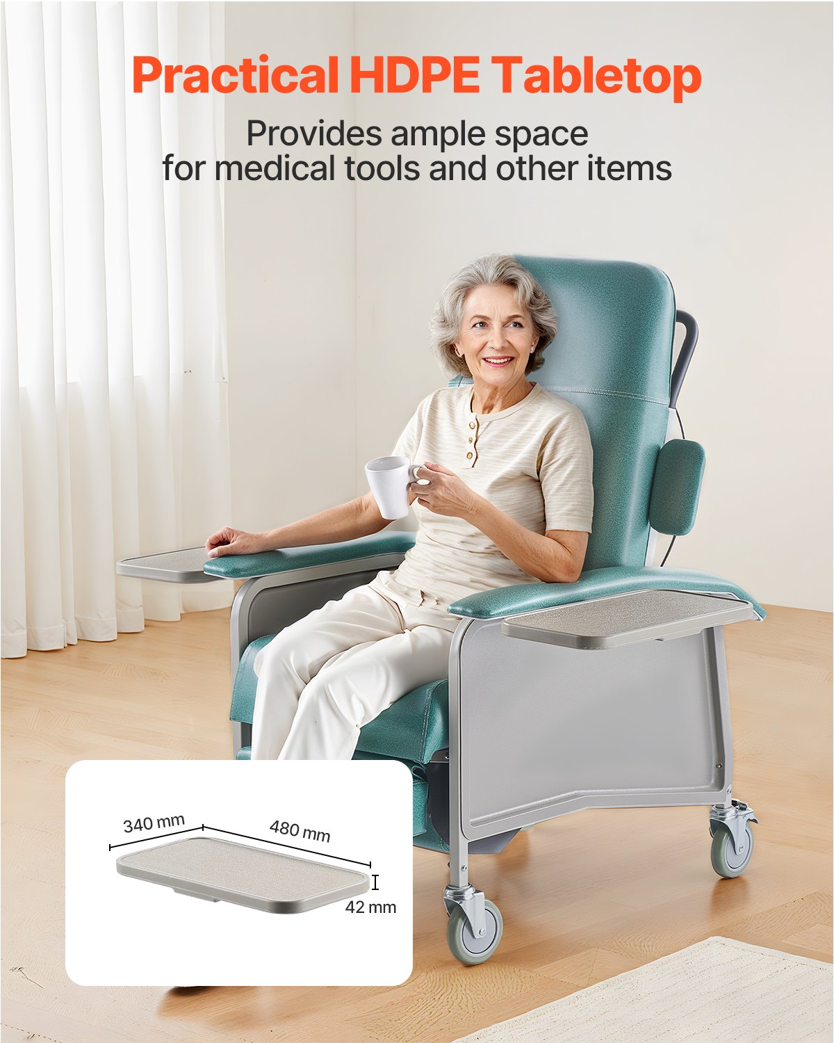 VEVOR Geri Chair Recliner, 4-Position Reclining Geri Chair, Trendelenburg Medical Recliner Chair with 4 Wheels, Soft Padded Seat & 2 Trays for Hospital, Nursing Home, Geriatric Home Care