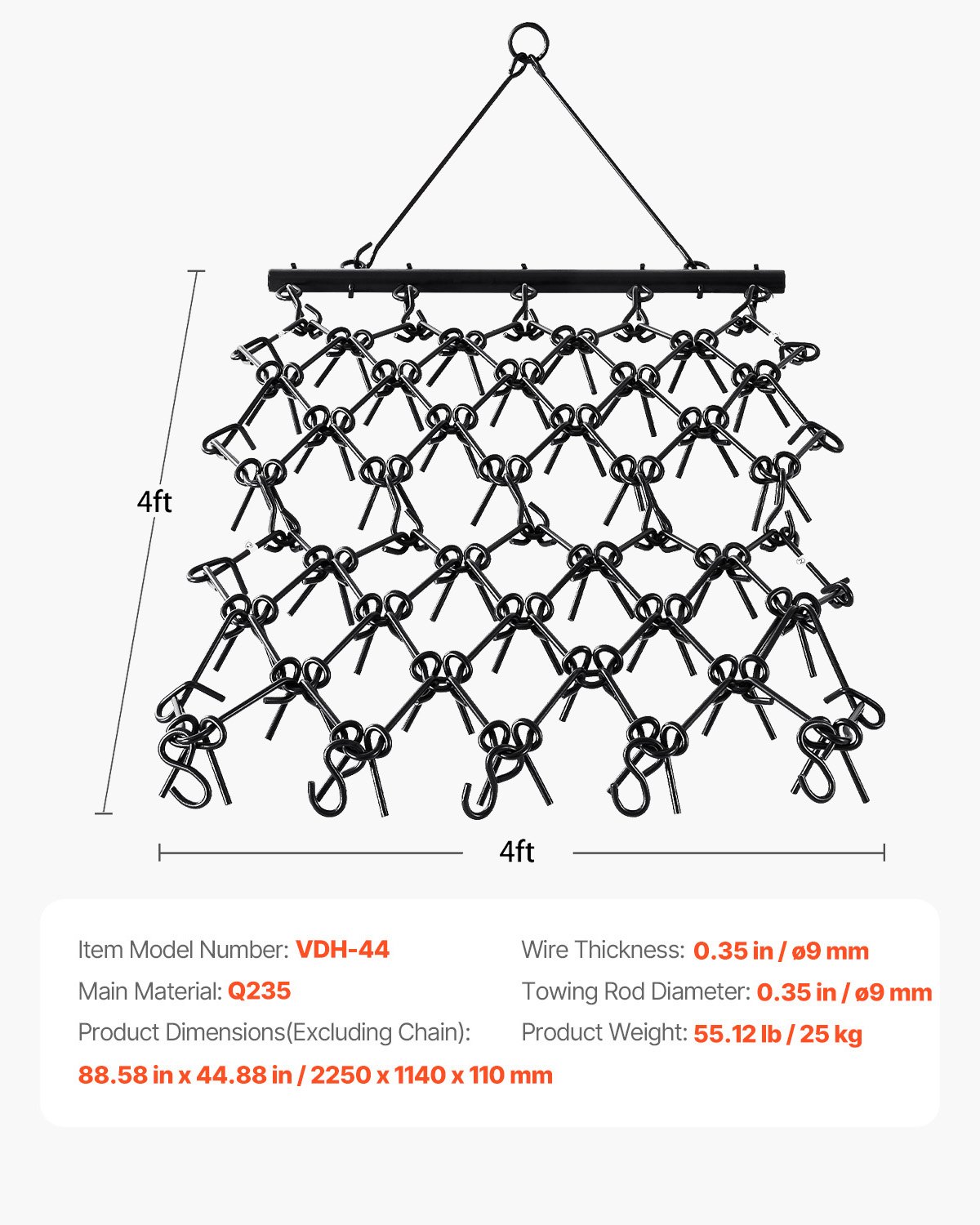 VEVOR Drag Harrow, 4 x 4 ft Durable Chain Harrow with 69 Sharp Teeth, Suitable for ATV UTV Tractor, Ideal for Soil Preparation, Seeding, Smoothing Landscapes, and Yard Gravel Driveway Maintenance