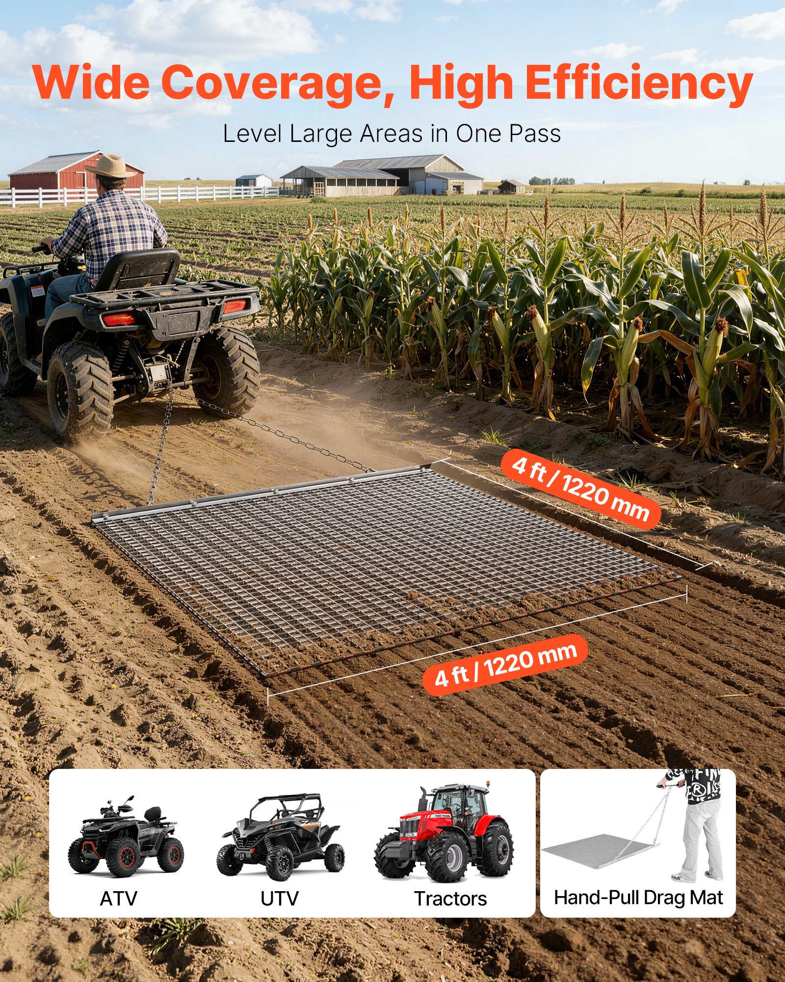 VEVOR eg, 122x122 cm, weide-eg, akker-eg gemaakt van gegalvaniseerd staal met sleepketting, aanbouwdeel voor ATV's, UTV's en tractoren voor het egaliseren van grindwegen, paden en velden.