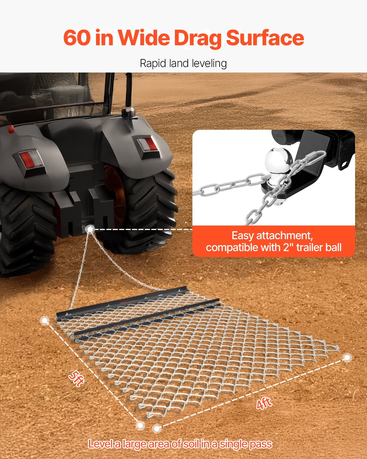 VEVOR getrokken eg, 1520x1240x57mm, kettingeg van Q235-staal, UTV-tractoraanbouwdelen voor het egaliseren van landschappen of het voorbereiden van gazons, weideeg voor grindopritten, boerderij, veldtuin