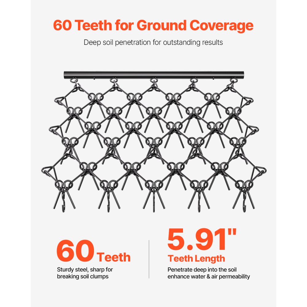 VEVOR Meadow Harrow, 178 x 147 x 11 cm, 60-tands gazontractor, geschikt voor ATV- en UTV-tractoren, voor grondvoorbereiding, zaaien, egaliseren van landschappen en onderhoud van grindopritten