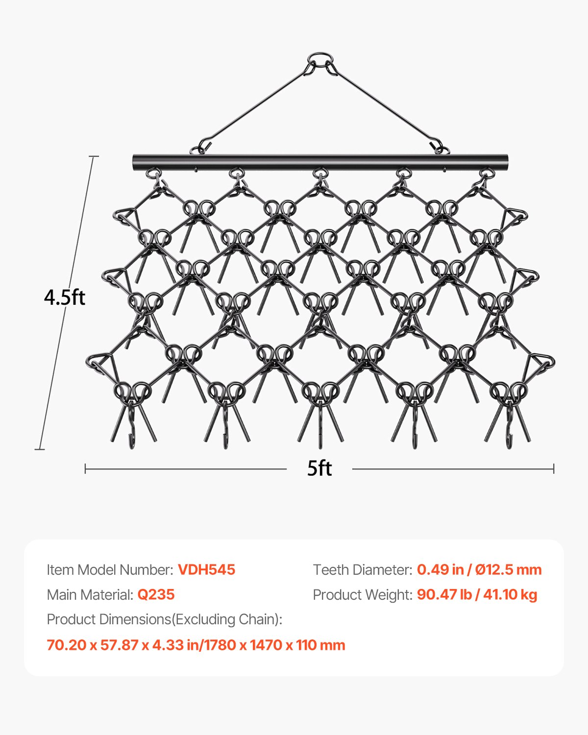 VEVOR Meadow Harrow, 178 x 147 x 11 cm, 60-tands gazontractor, geschikt voor ATV- en UTV-tractoren, voor grondvoorbereiding, zaaien, egaliseren van landschappen en onderhoud van grindopritten