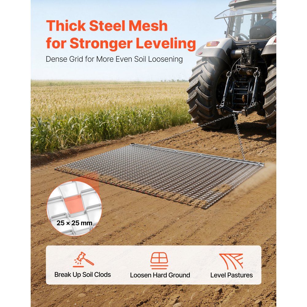 VEVOR getrokken eg 1830x914 mm, weide-eg, akker-eg gemaakt van gegalvaniseerd staal met sleepketting, aanbouwdeel voor ATV's, UTV's en tractoren voor het egaliseren van grindwegen, paden en velden.