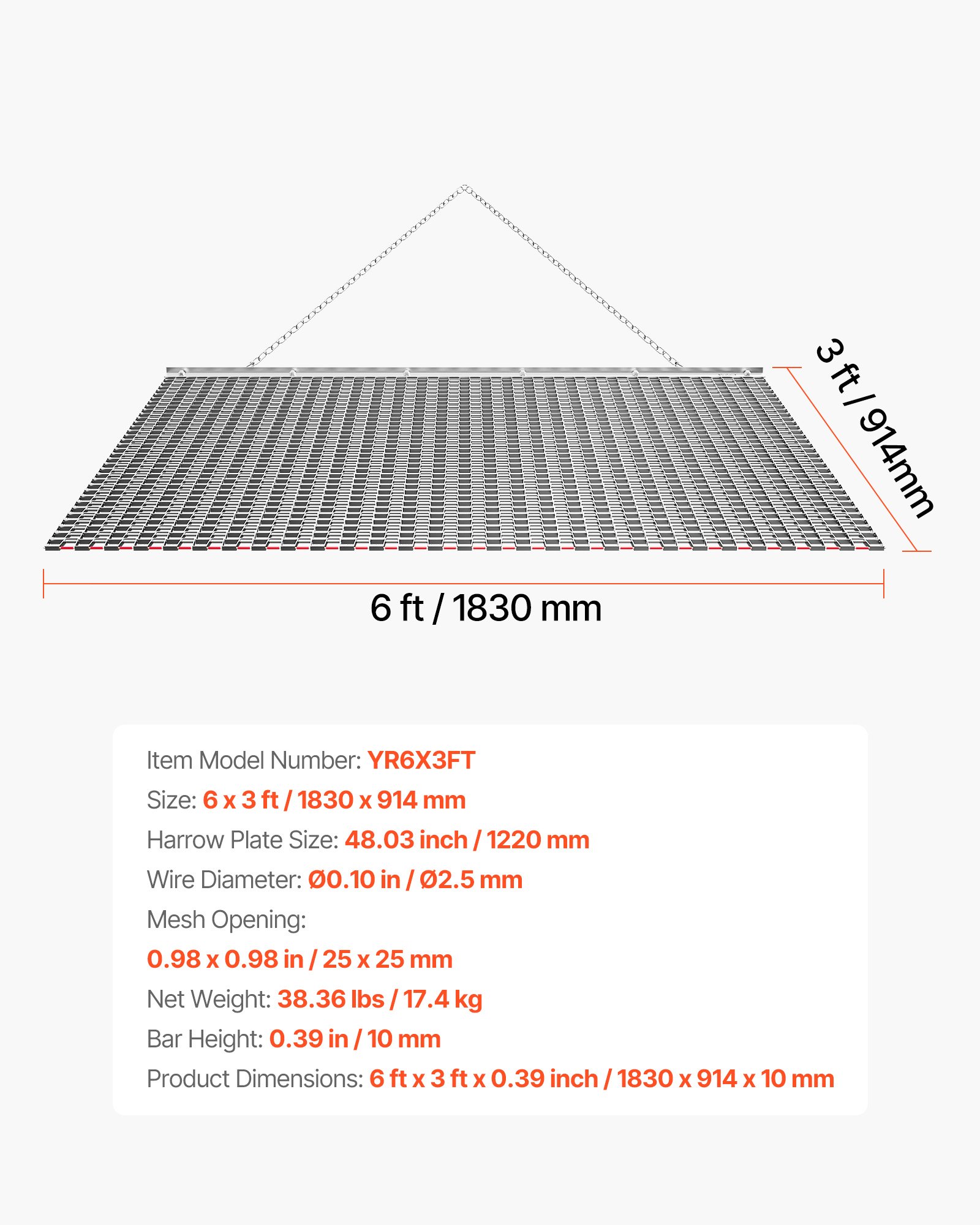VEVOR getrokken eg 1830x914 mm, weide-eg, akker-eg gemaakt van gegalvaniseerd staal met sleepketting, aanbouwdeel voor ATV's, UTV's en tractoren voor het egaliseren van grindwegen, paden en velden.